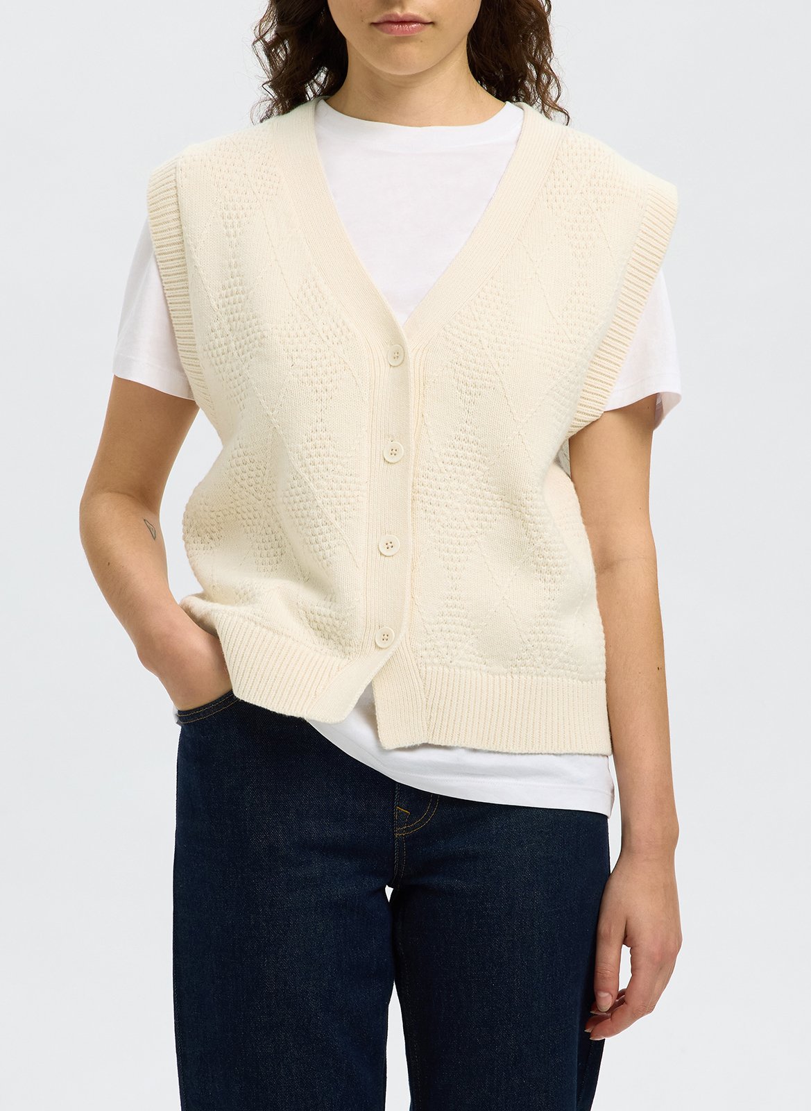 Gilet droit col V en coton et laine SELECTED Blanc