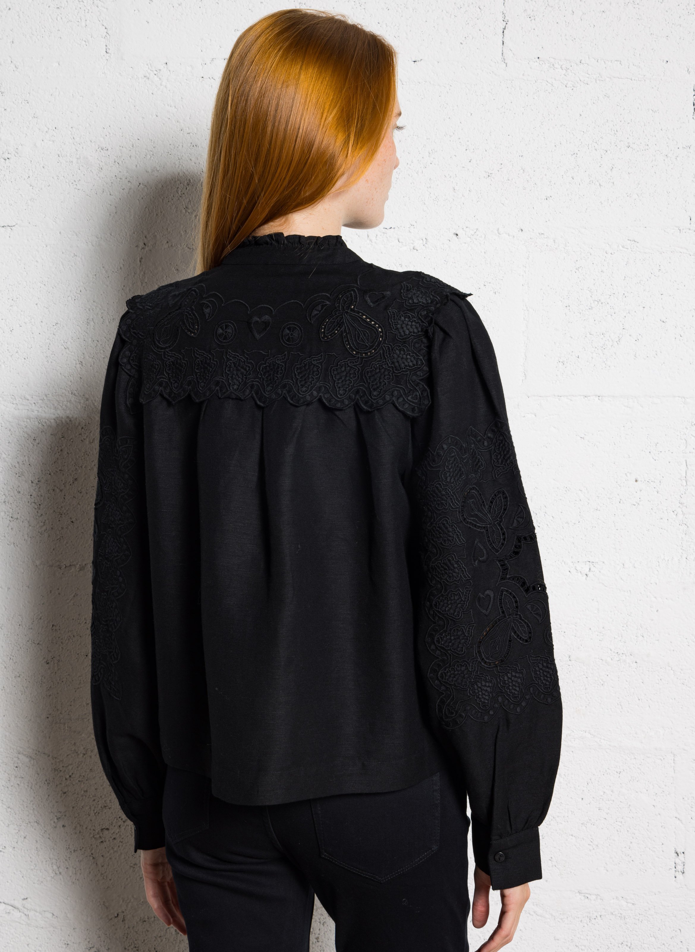 Chemise droite brodée en lin mélangé FABIENNE CHAPOT Noir