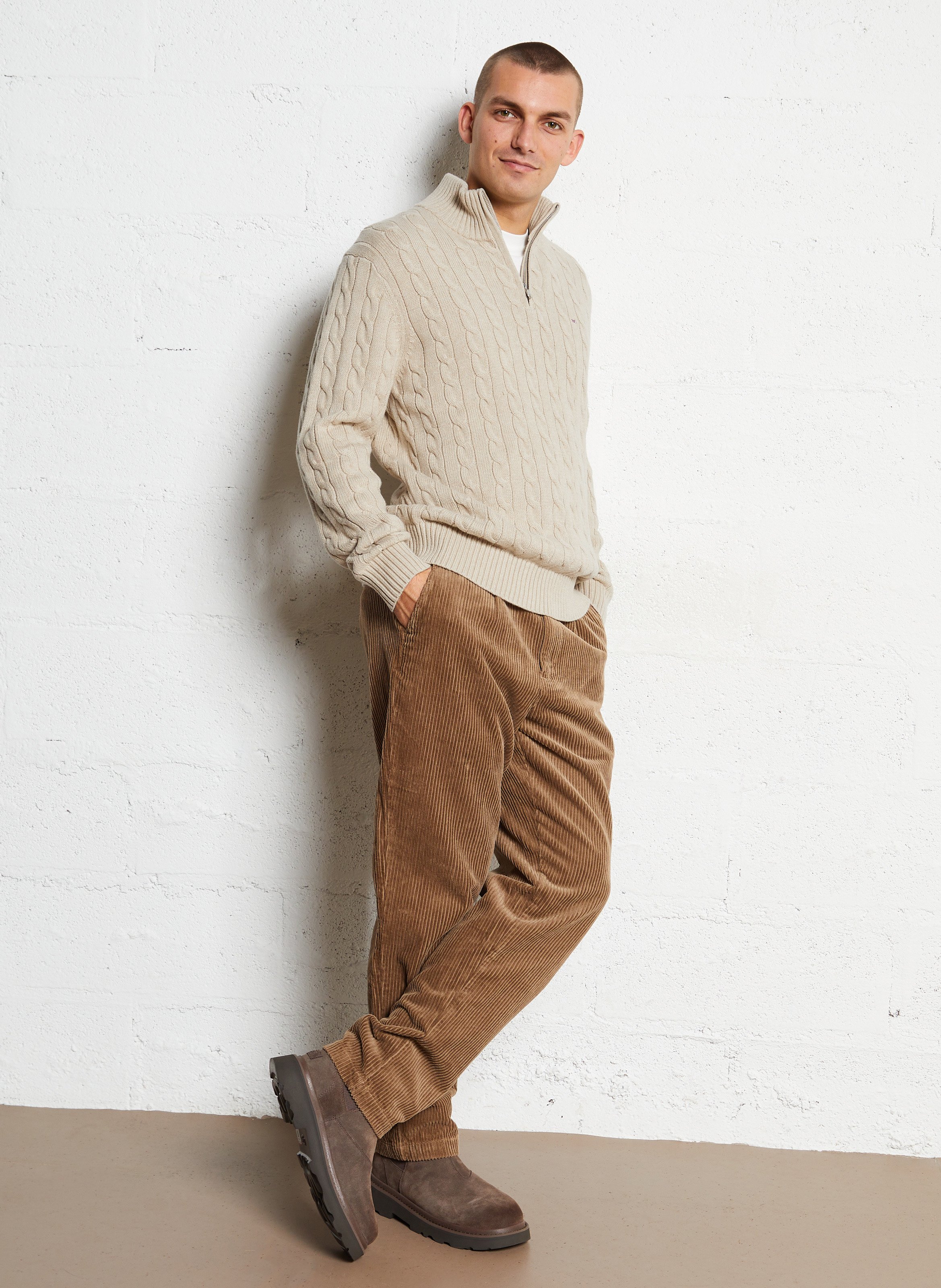 Pull droit col montant brodé en coton torsadé EDEN PARK Beige