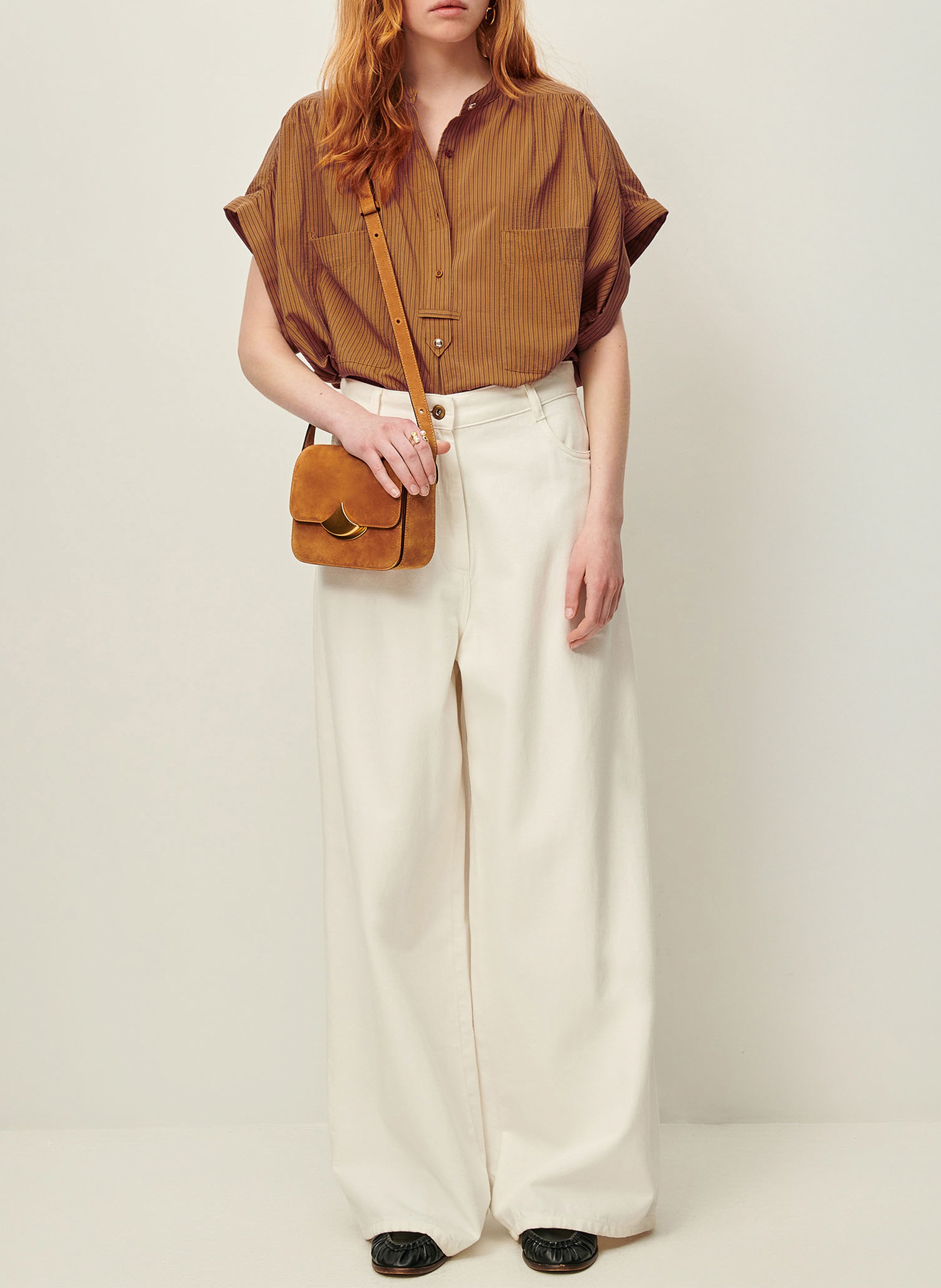 Chemise col rond rayée SESSUN Beige