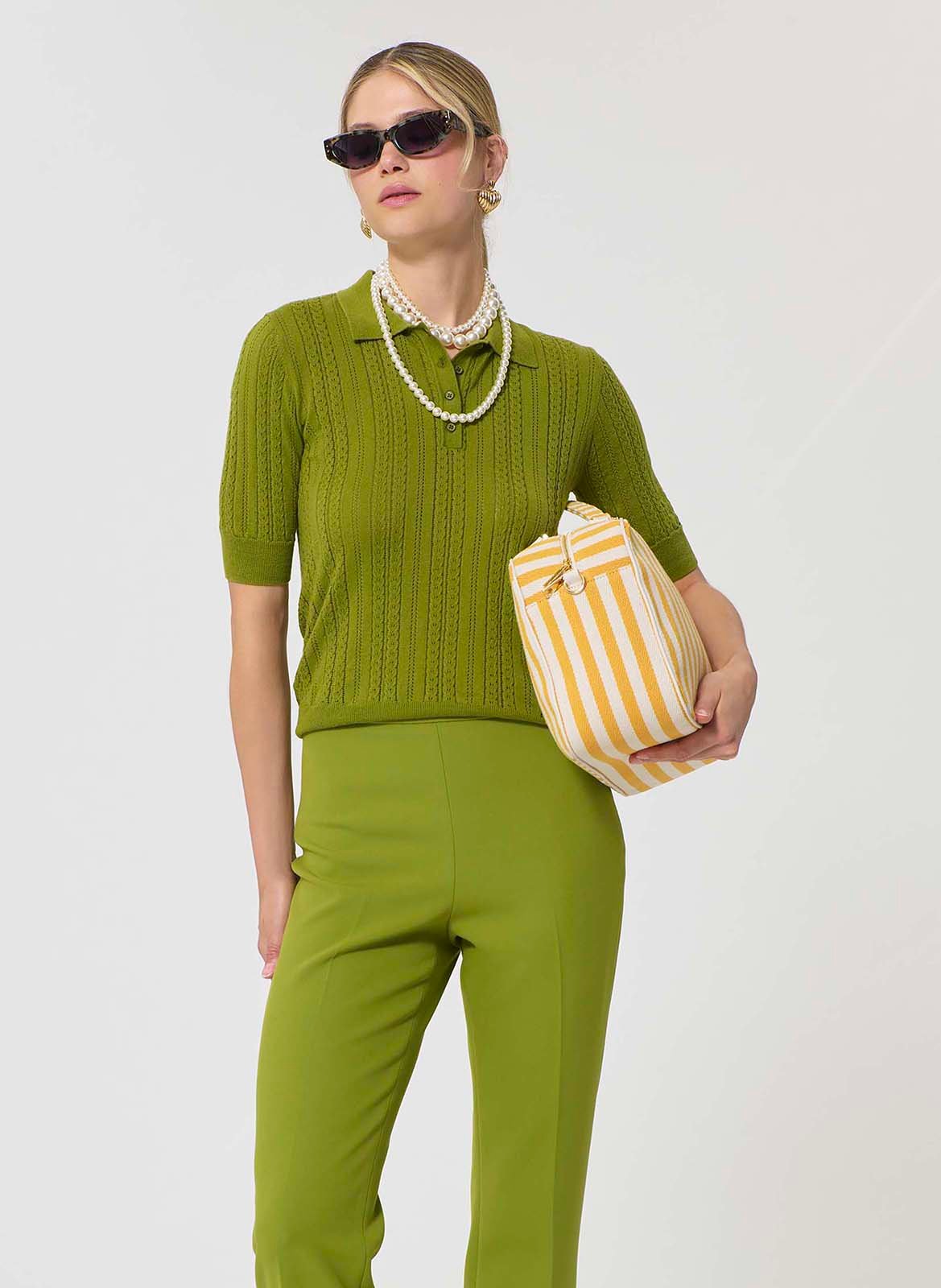 Short-sleeved slim fit polo in braided knit. TARA JARMON Green