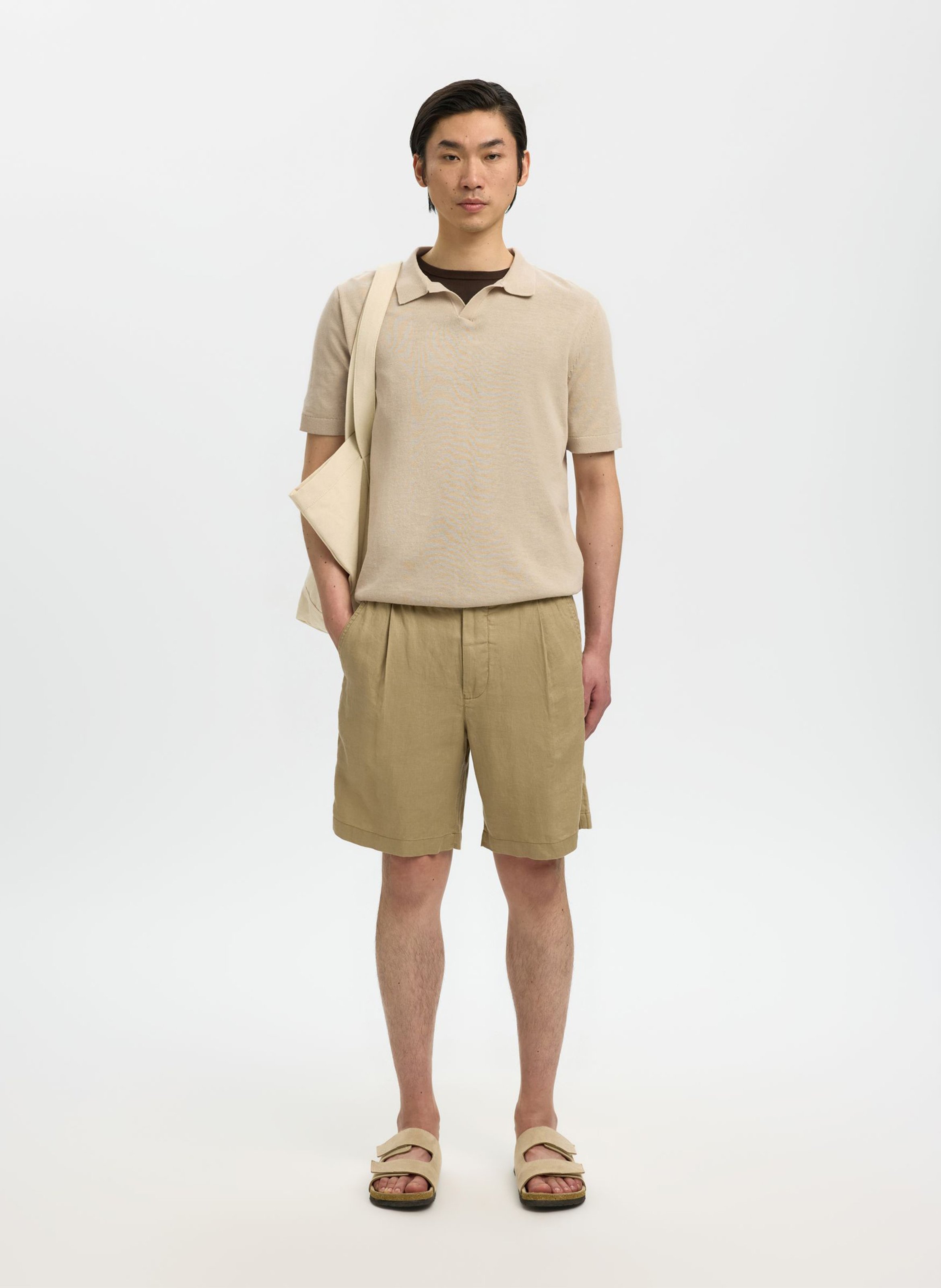 Gerade geschnittenes Poloshirt aus Bio-Baumwoll-Mix SELECTED Beige