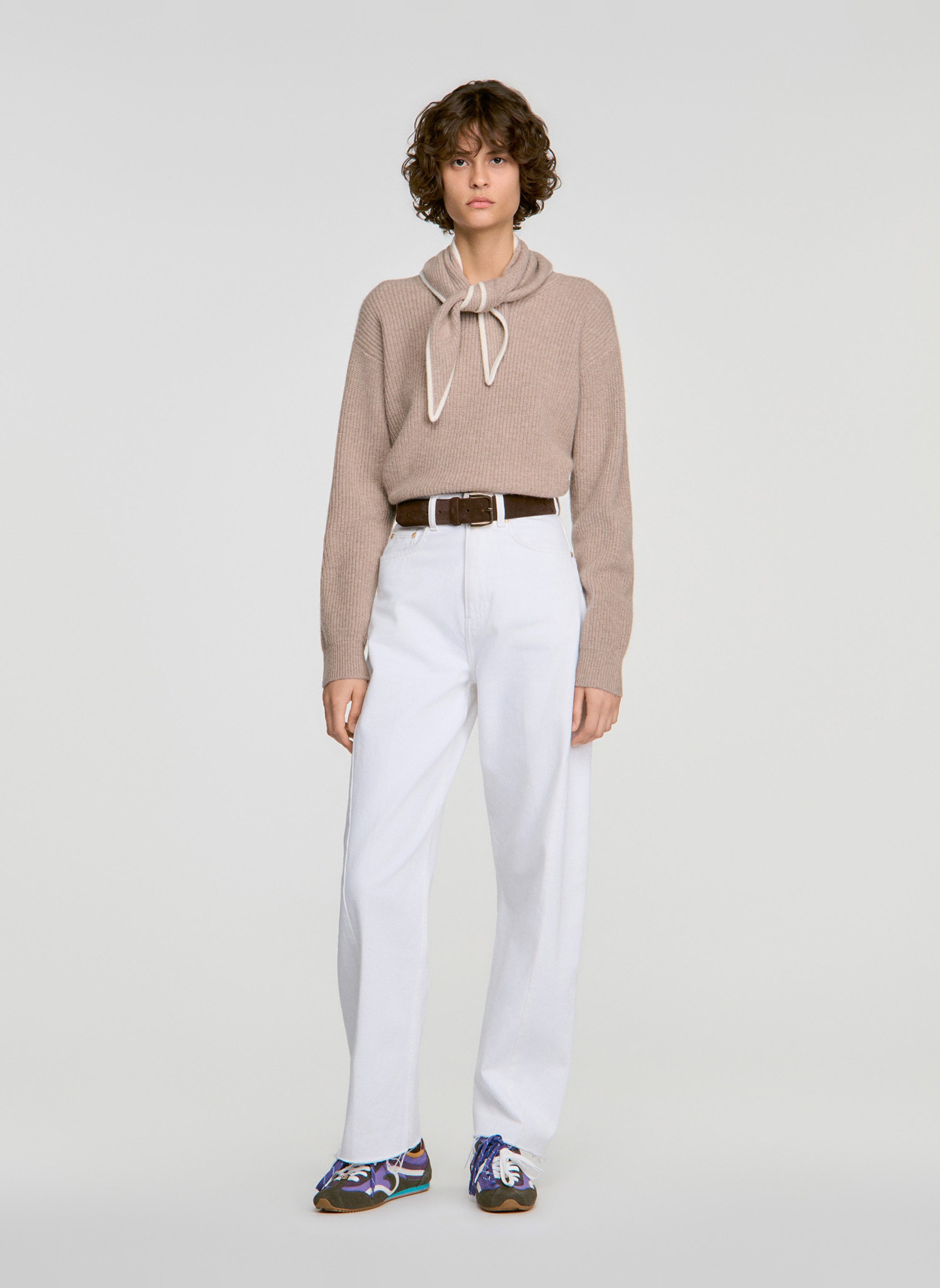 Pull droit à foulard en laine et cachemire SANDRO Beige