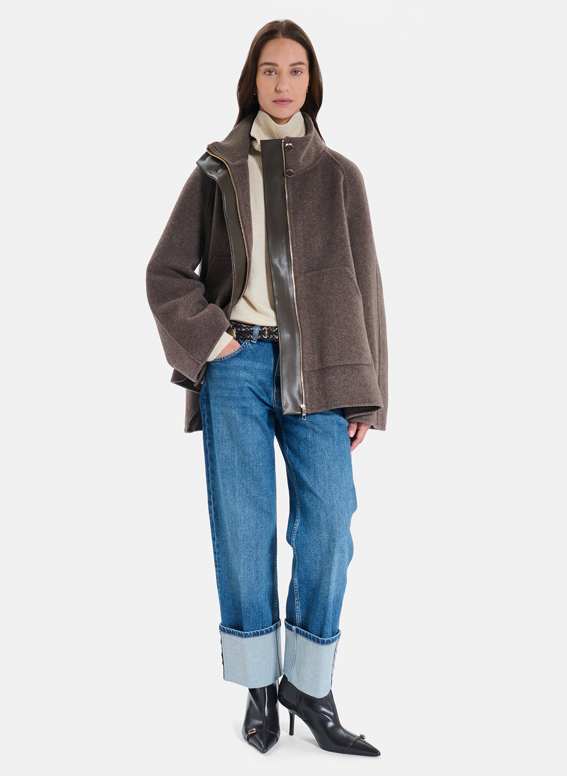 Manteau ample col montant en laine mélangée ZAPA Marron