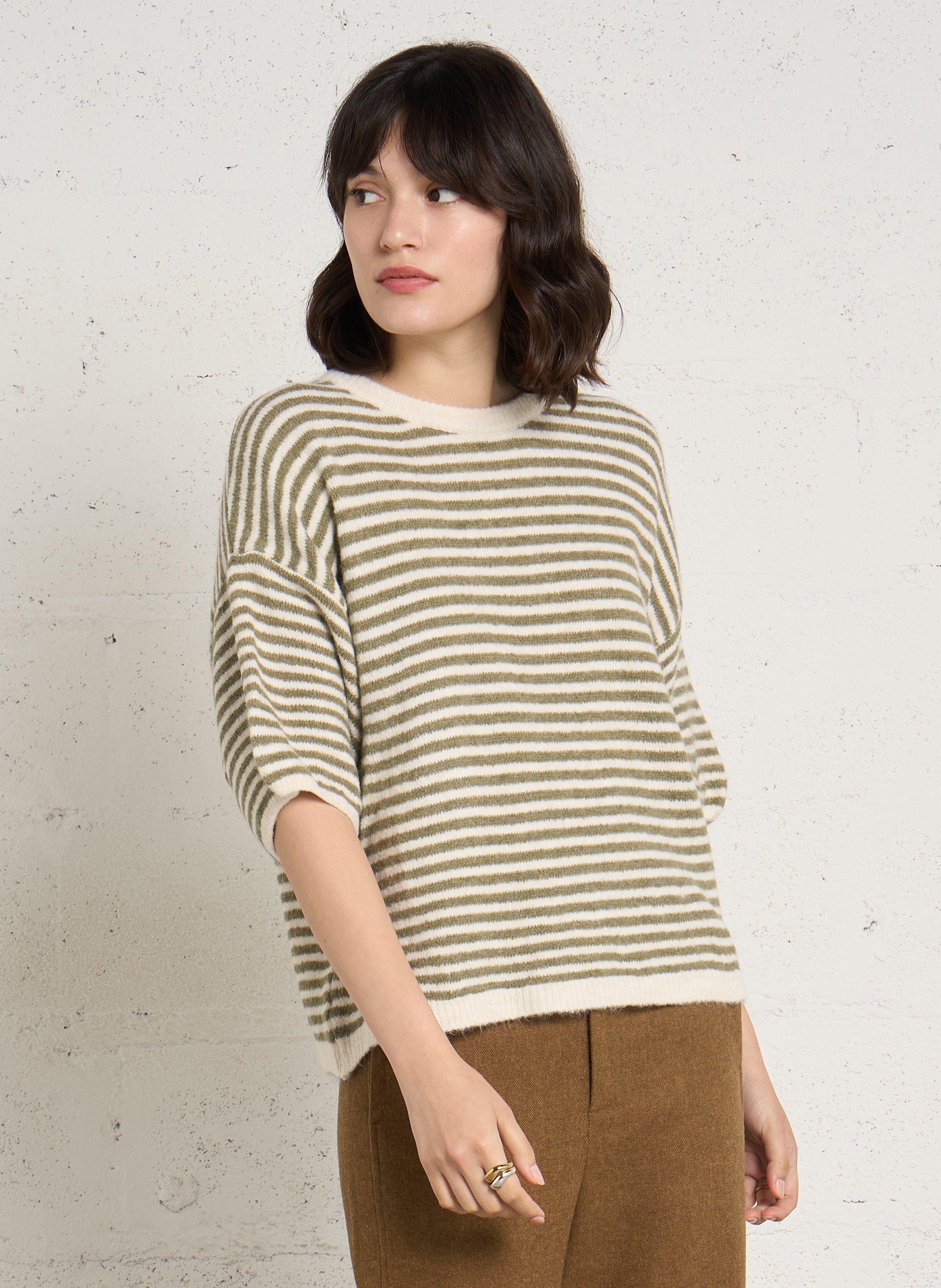 Loose-fitting striped short sleeves PLEASE Beige
