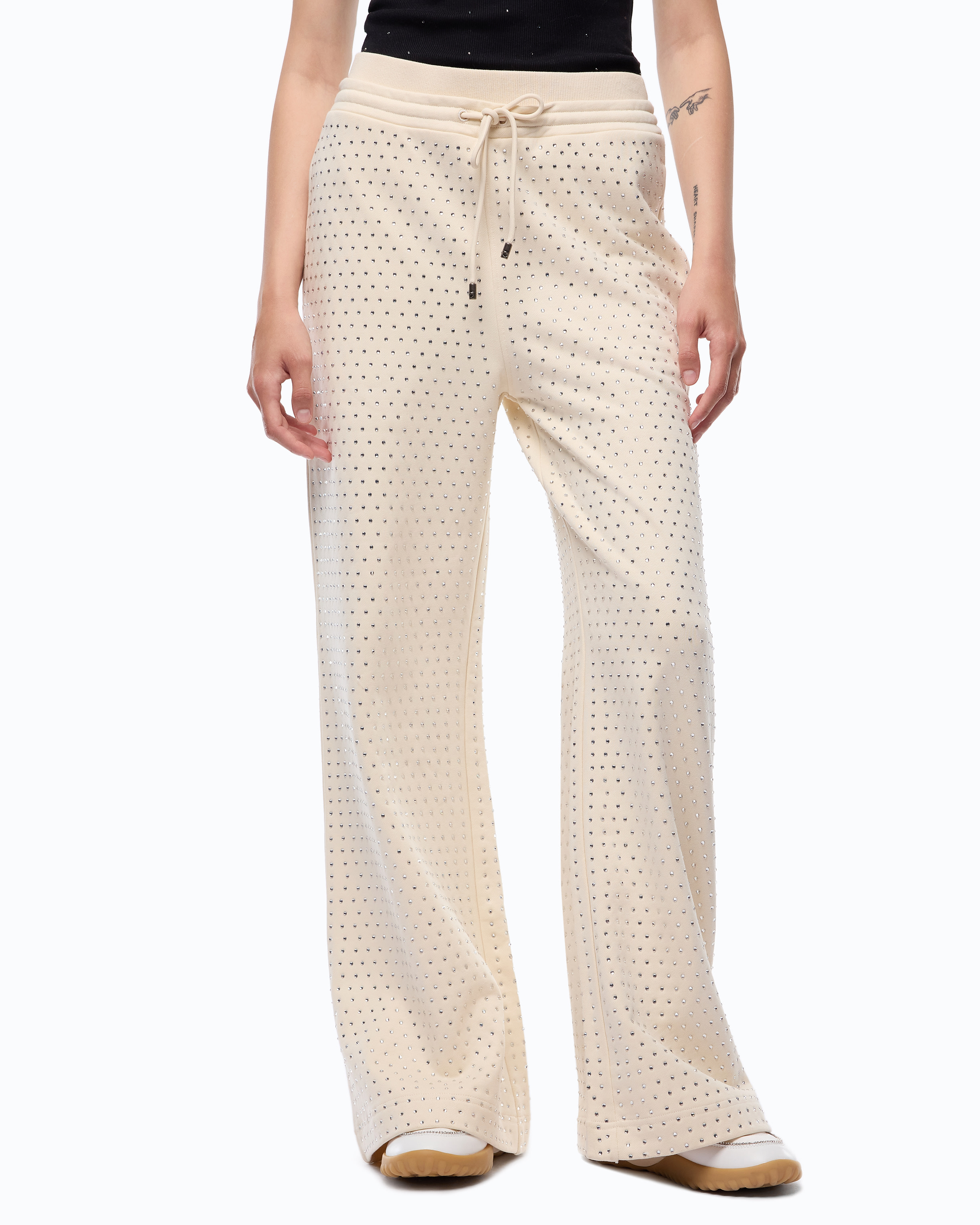 All-over rhinestone fleece trousers PINKO Beige