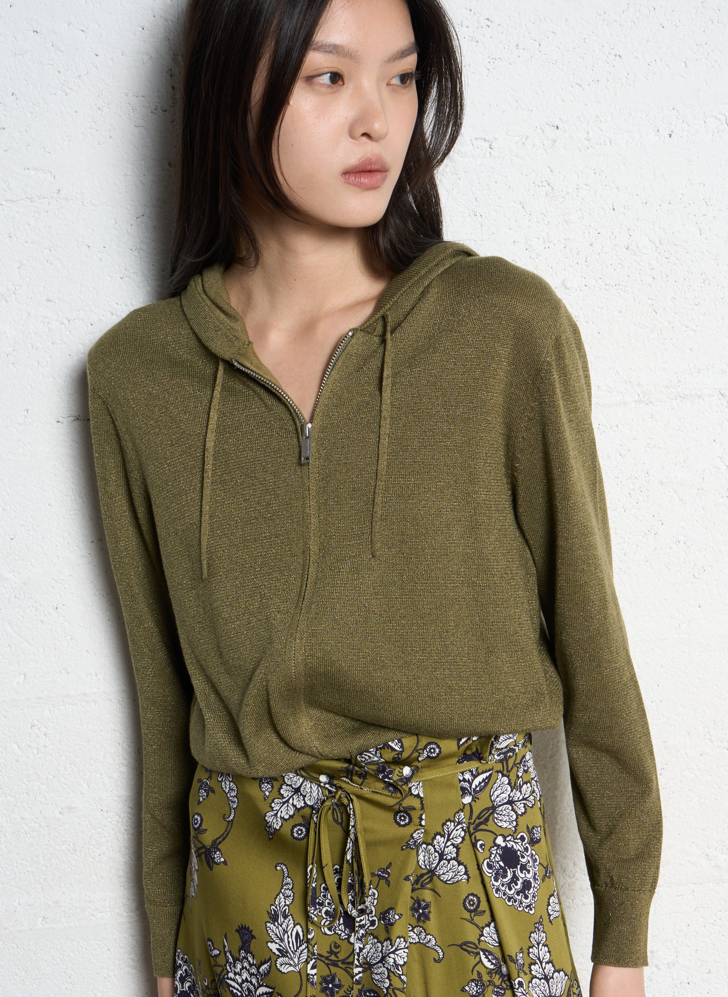 Gilet zippé à capuche en maille IKKS Kaki