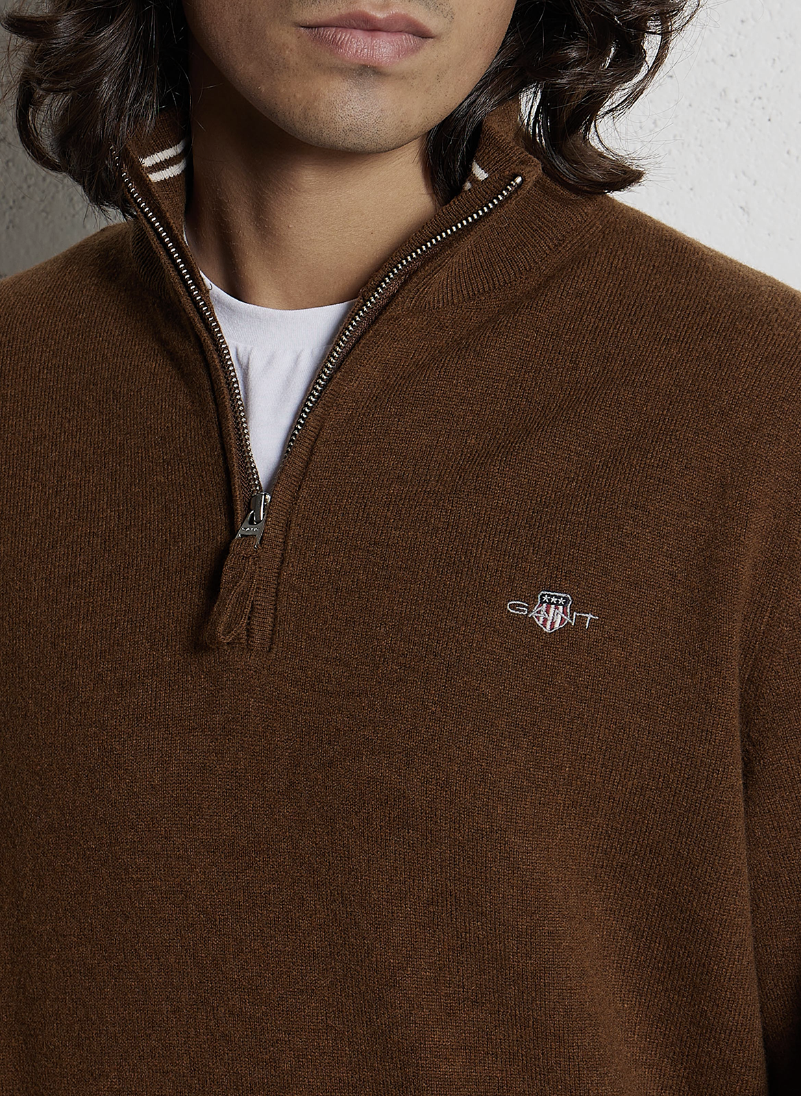 High-neck wool sweater with zip GANT Brown