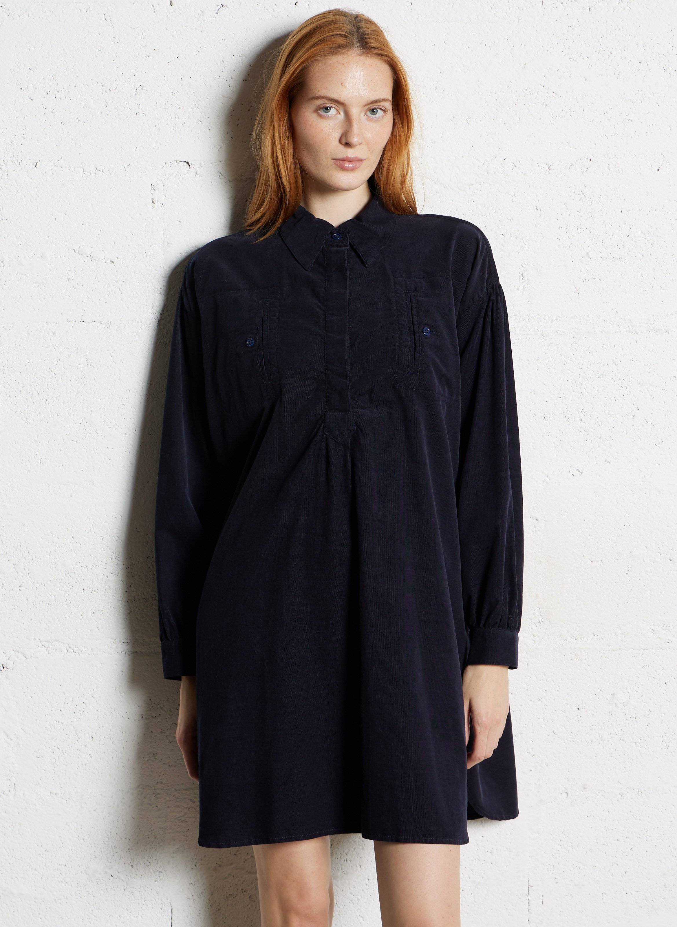 Short cotton loose-fit dress with classic collar HOD PARIS Blue