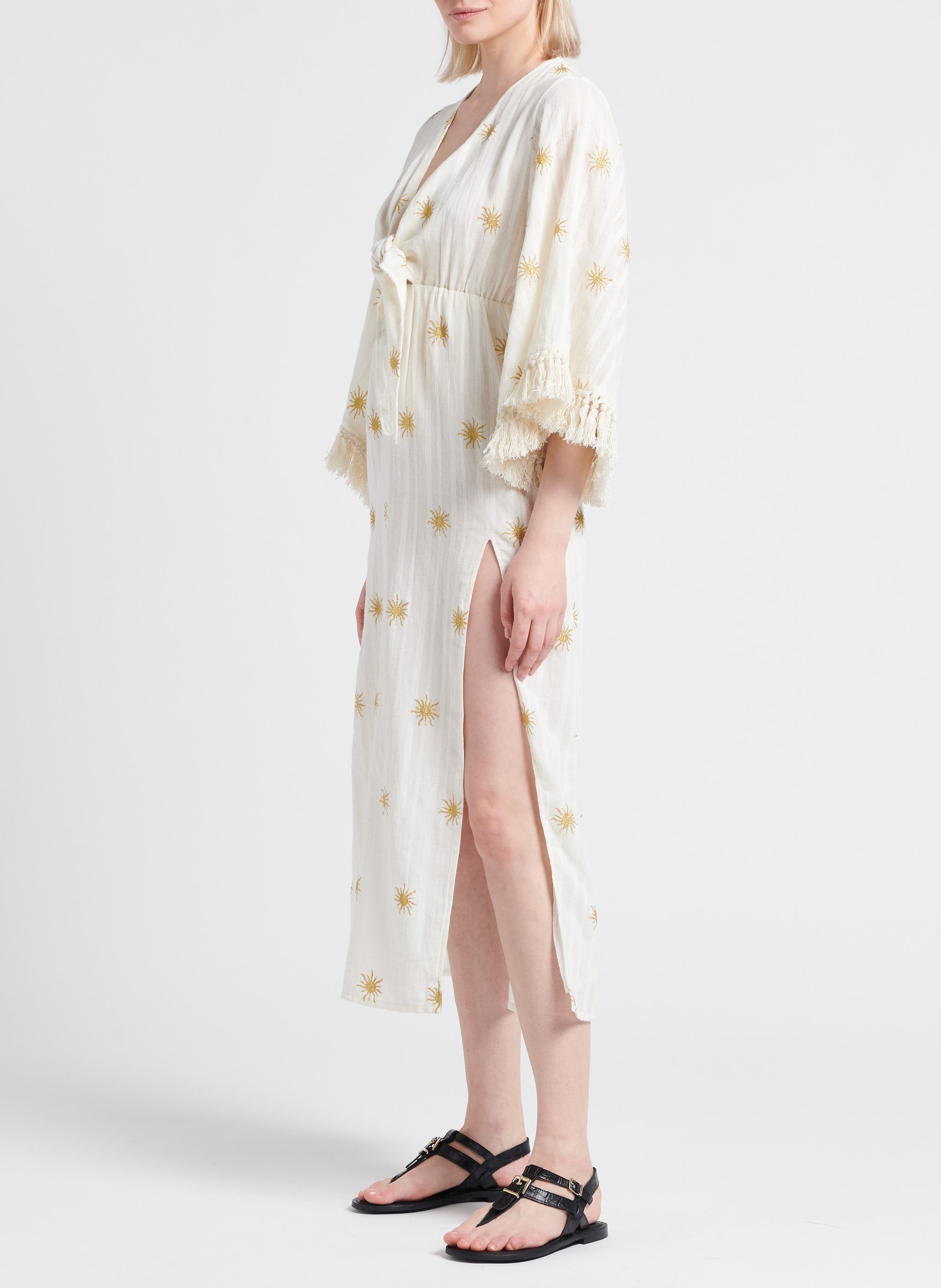 Lange, katoenen jurk met V-hals en motieven SUNDRESS Wit