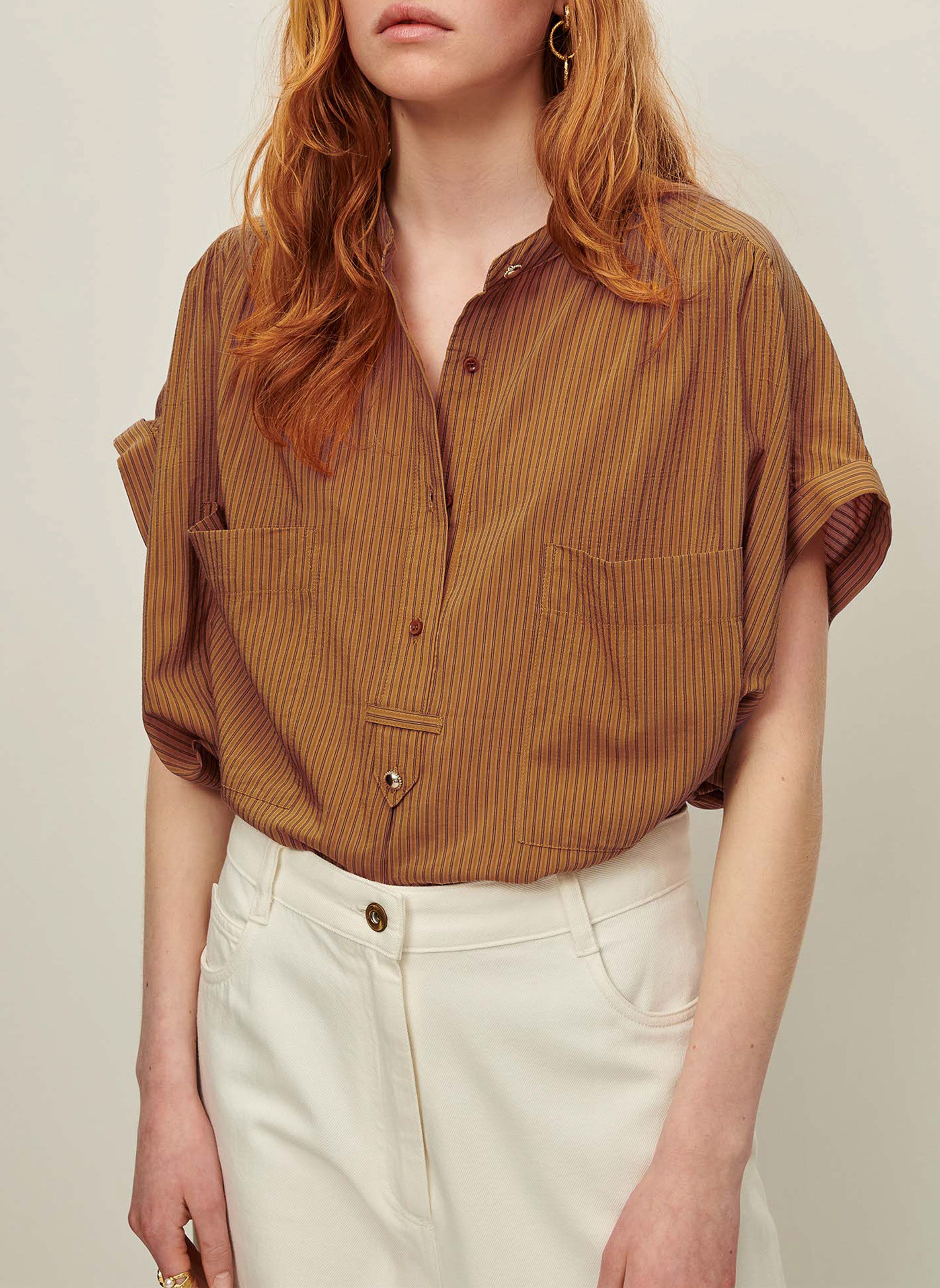 Chemise col rond rayée SESSUN Beige