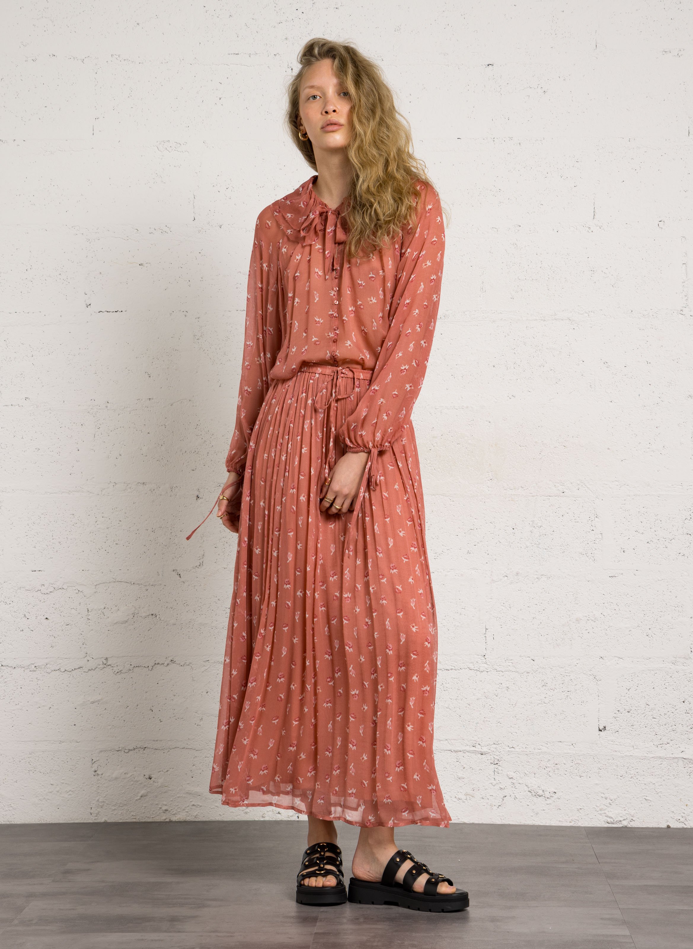 Chiffon blouse with printed ruffles DES PETITS HAUTS Pink