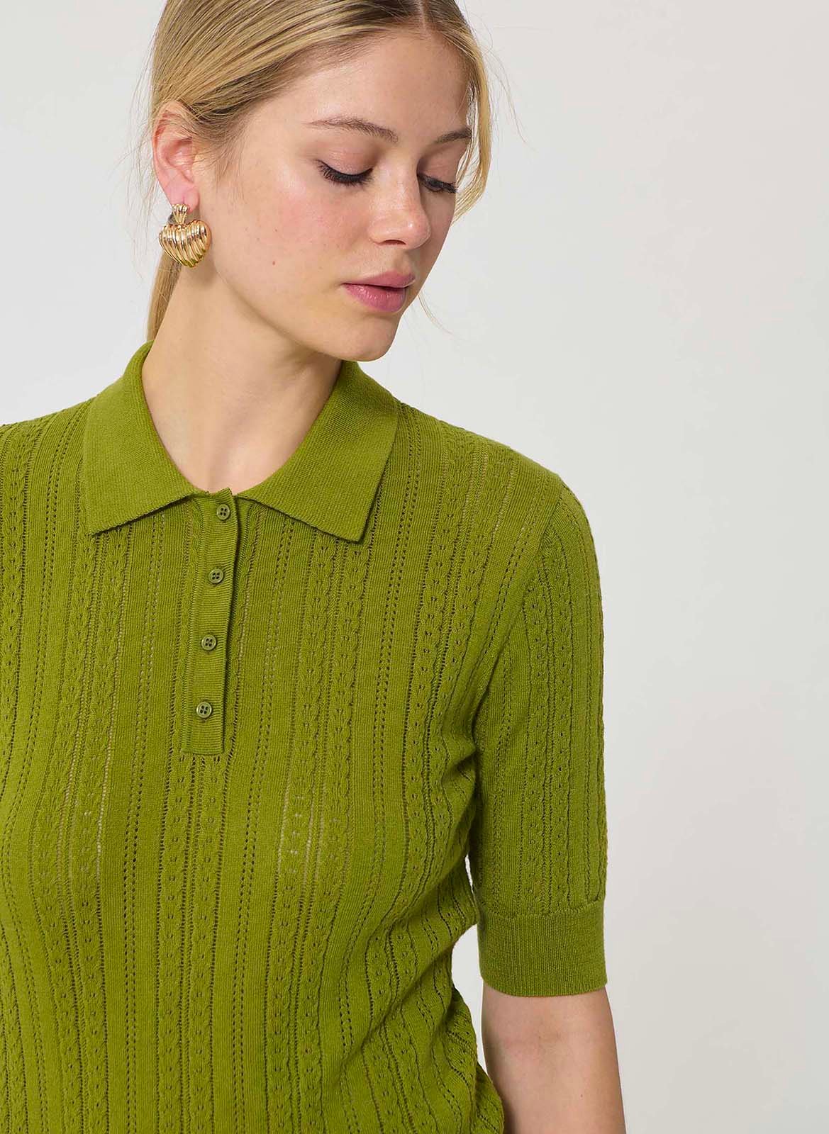 Short-sleeved slim fit polo in braided knit. TARA JARMON Green
