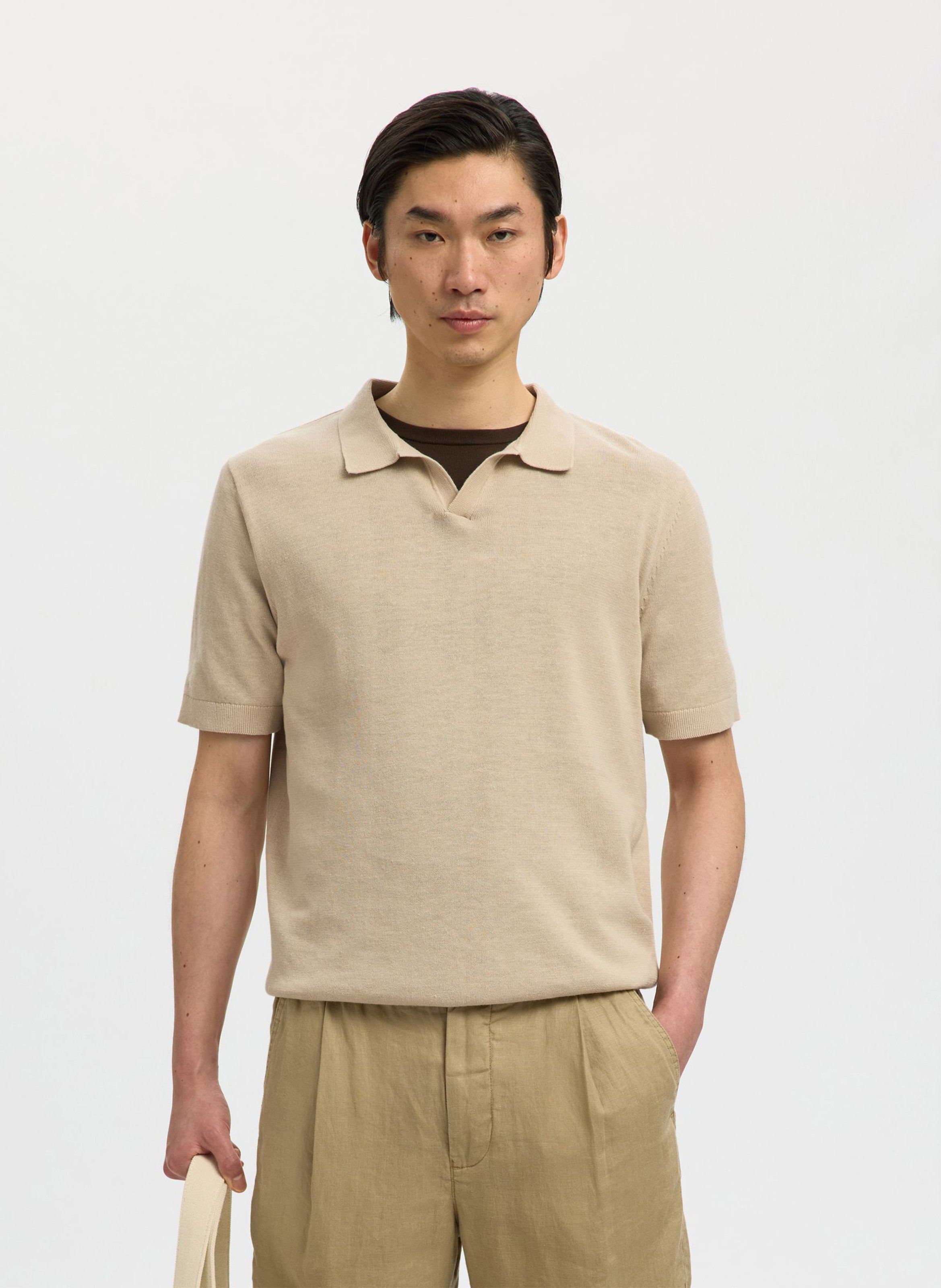 Gerade geschnittenes Poloshirt aus Bio-Baumwoll-Mix SELECTED Beige