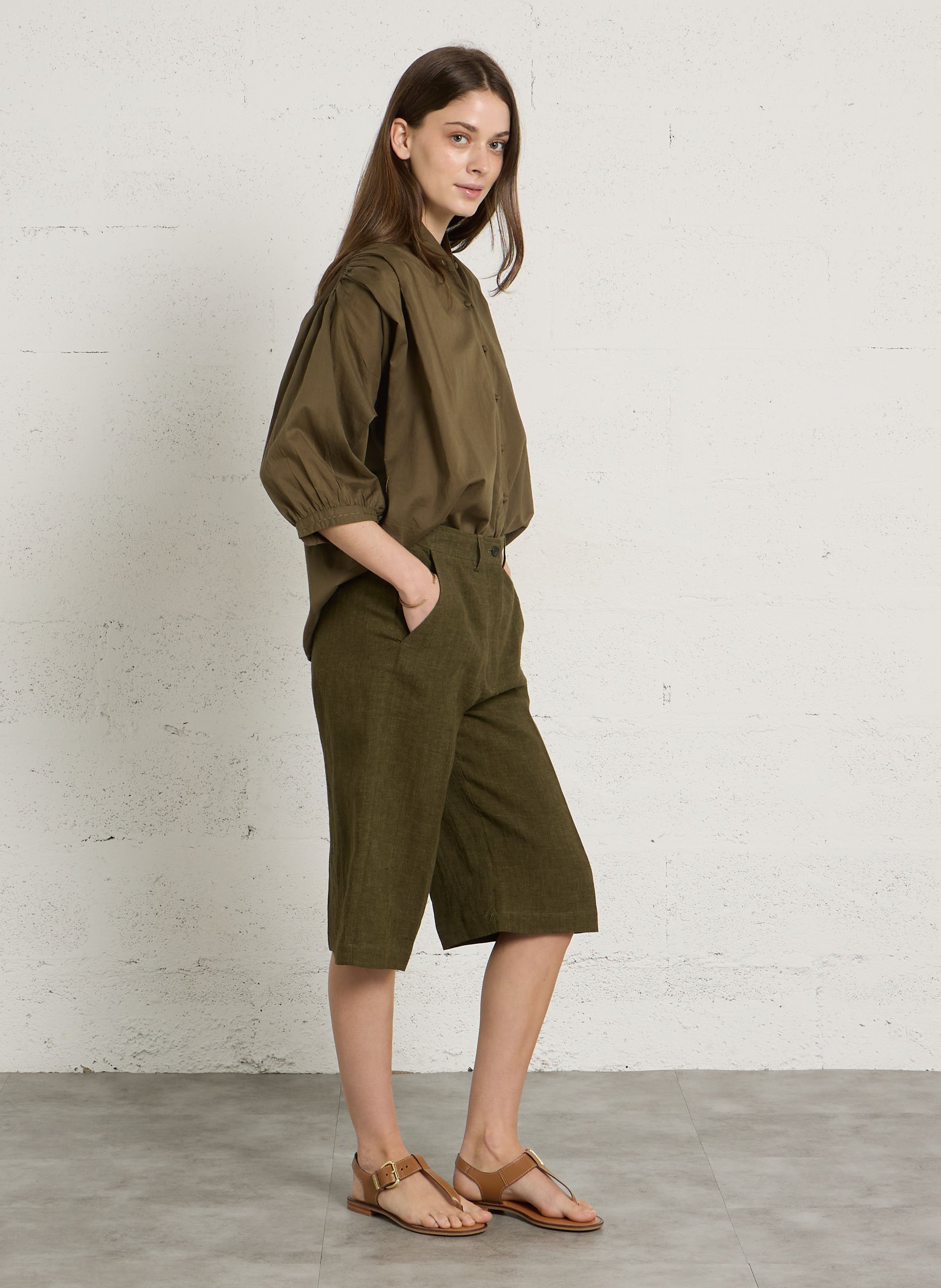 Chemise ample col mao en coton DIEGA Kaki