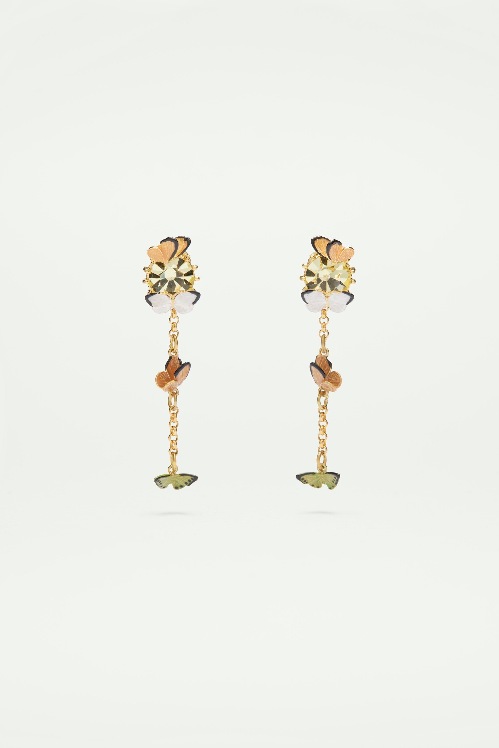 Boucles d'oreilles tiges pendantes papillons émaillés et pierre en verre taillé LES NEREIDES Multicolore