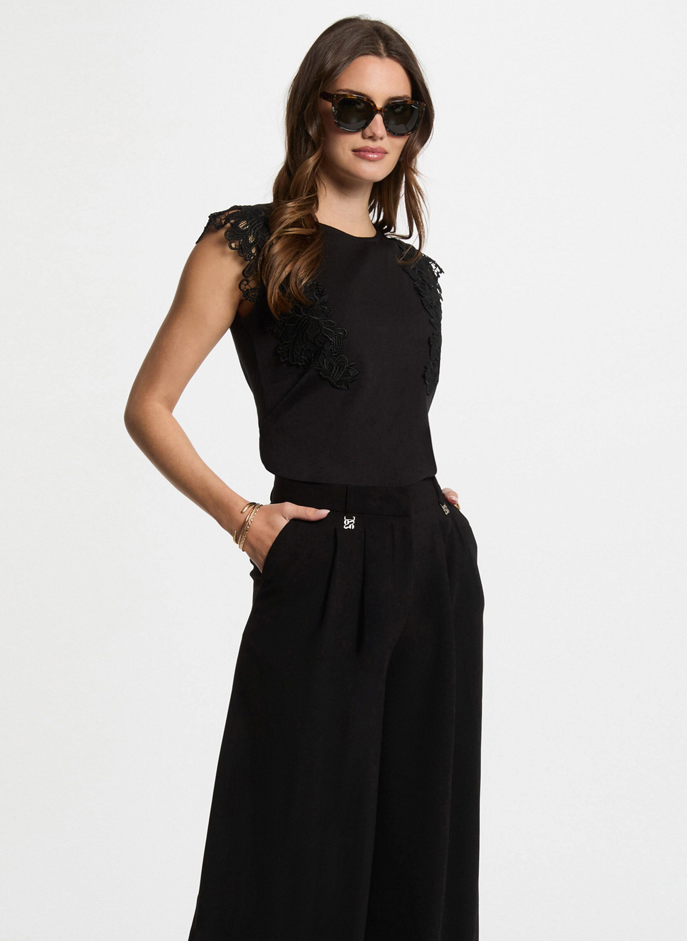 Sleeveless t-shirt with lace detail MORGAN Black