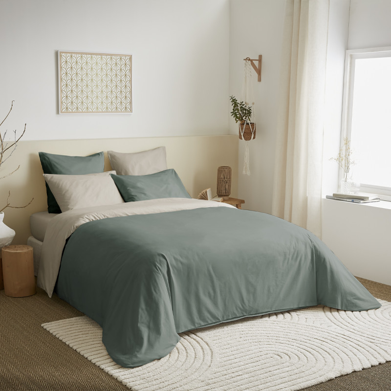 Complete set 6 pieces eucalyptus/lin reversible duvet cover for bed 140 x 190 cm COTON PUR Beige