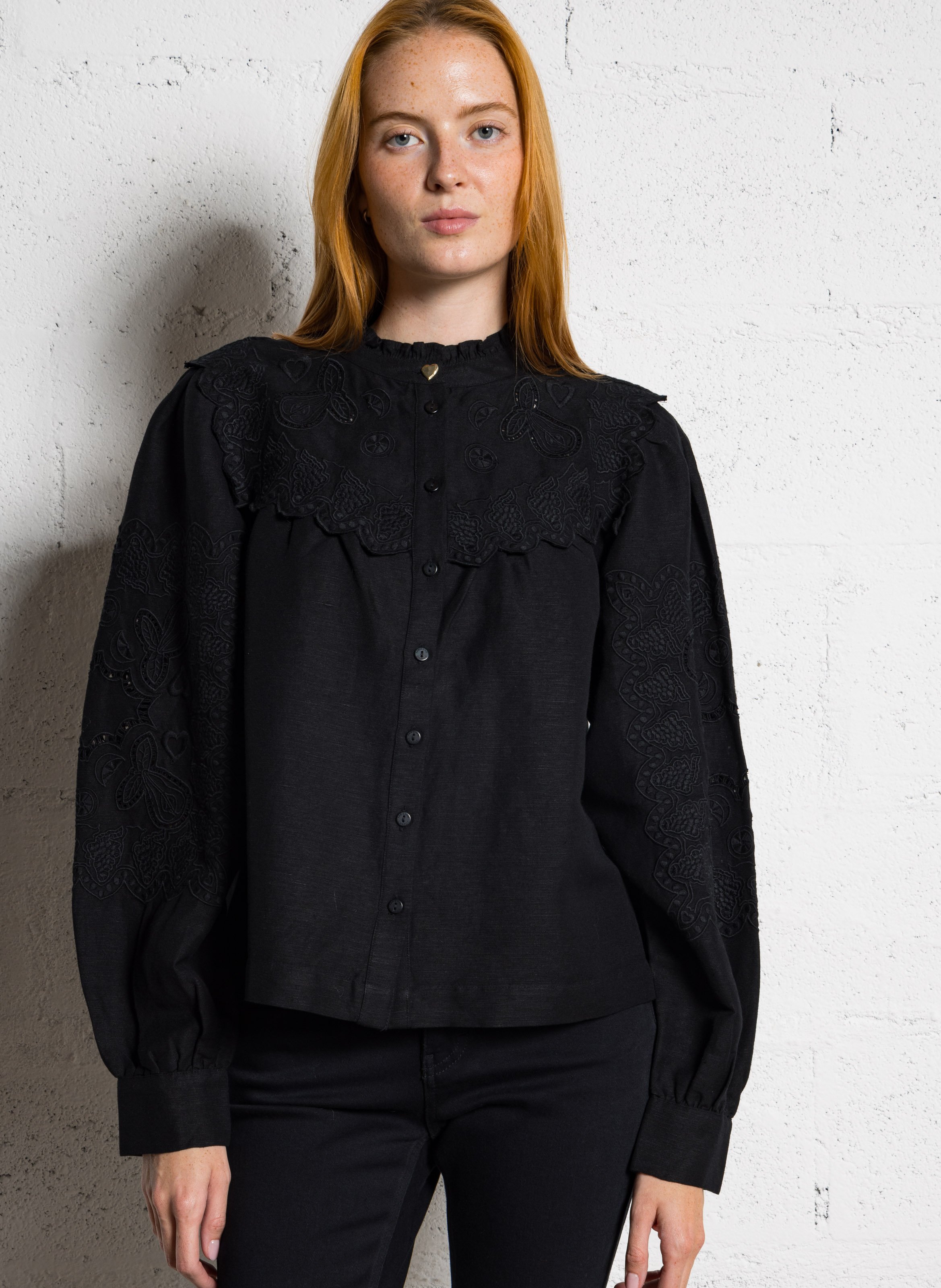 Chemise droite brodée en lin mélangé FABIENNE CHAPOT Noir