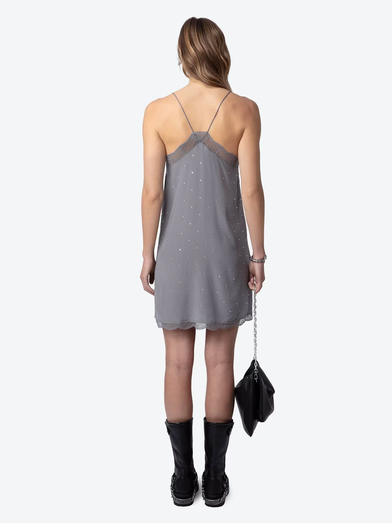 Robe courte caraco à strass en soie  ZADIG&VOLTAIRE Gris