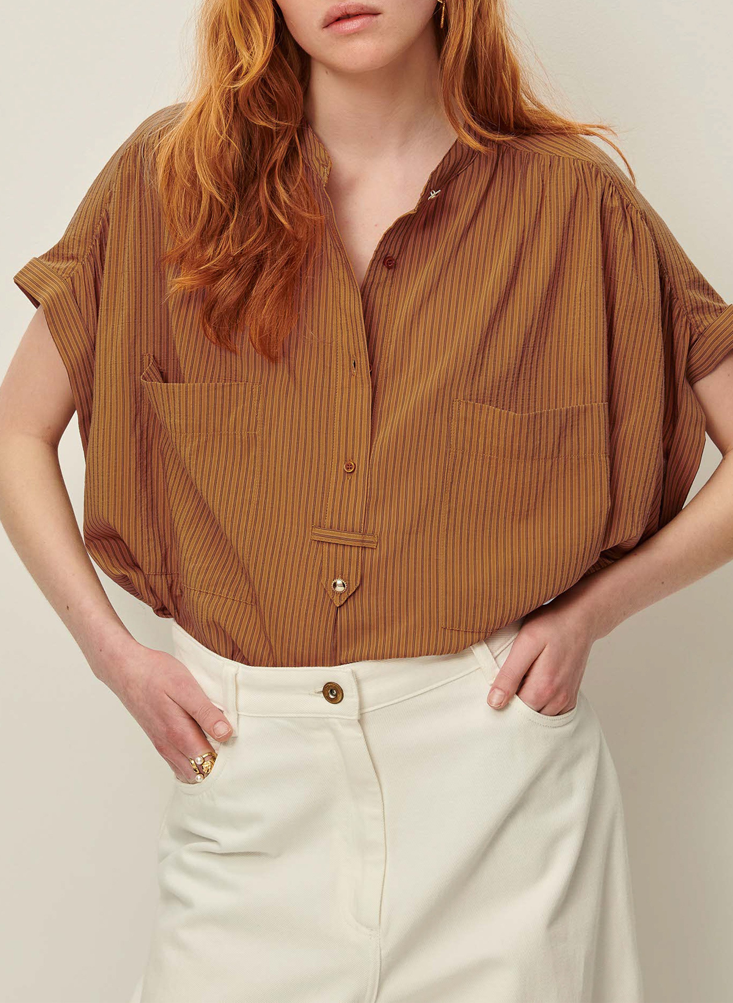 Chemise col rond rayée SESSUN Beige