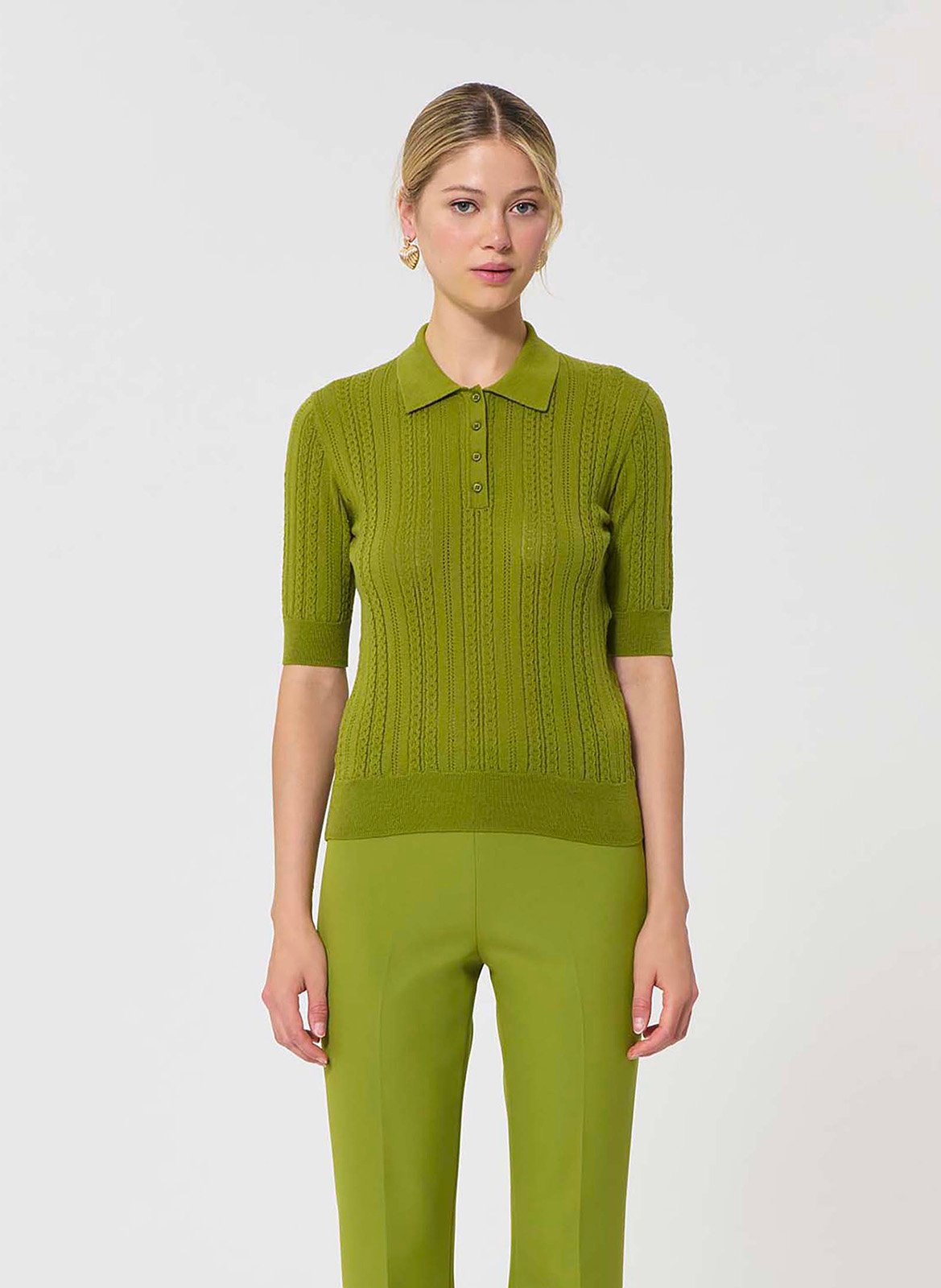 Short-sleeved slim fit polo in braided knit. TARA JARMON Green