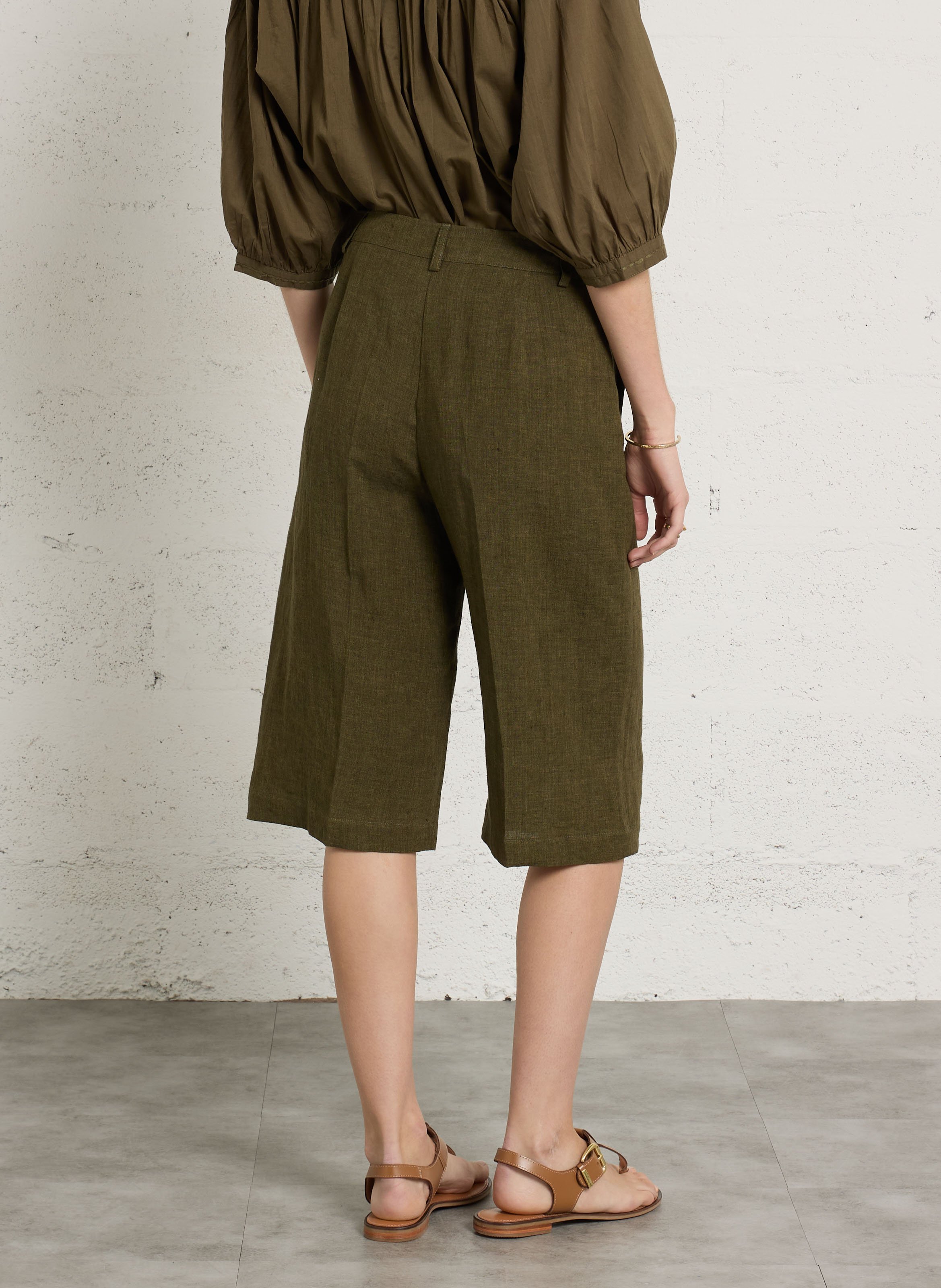 Bermudz droit taille haute en lin DIEGA Kaki