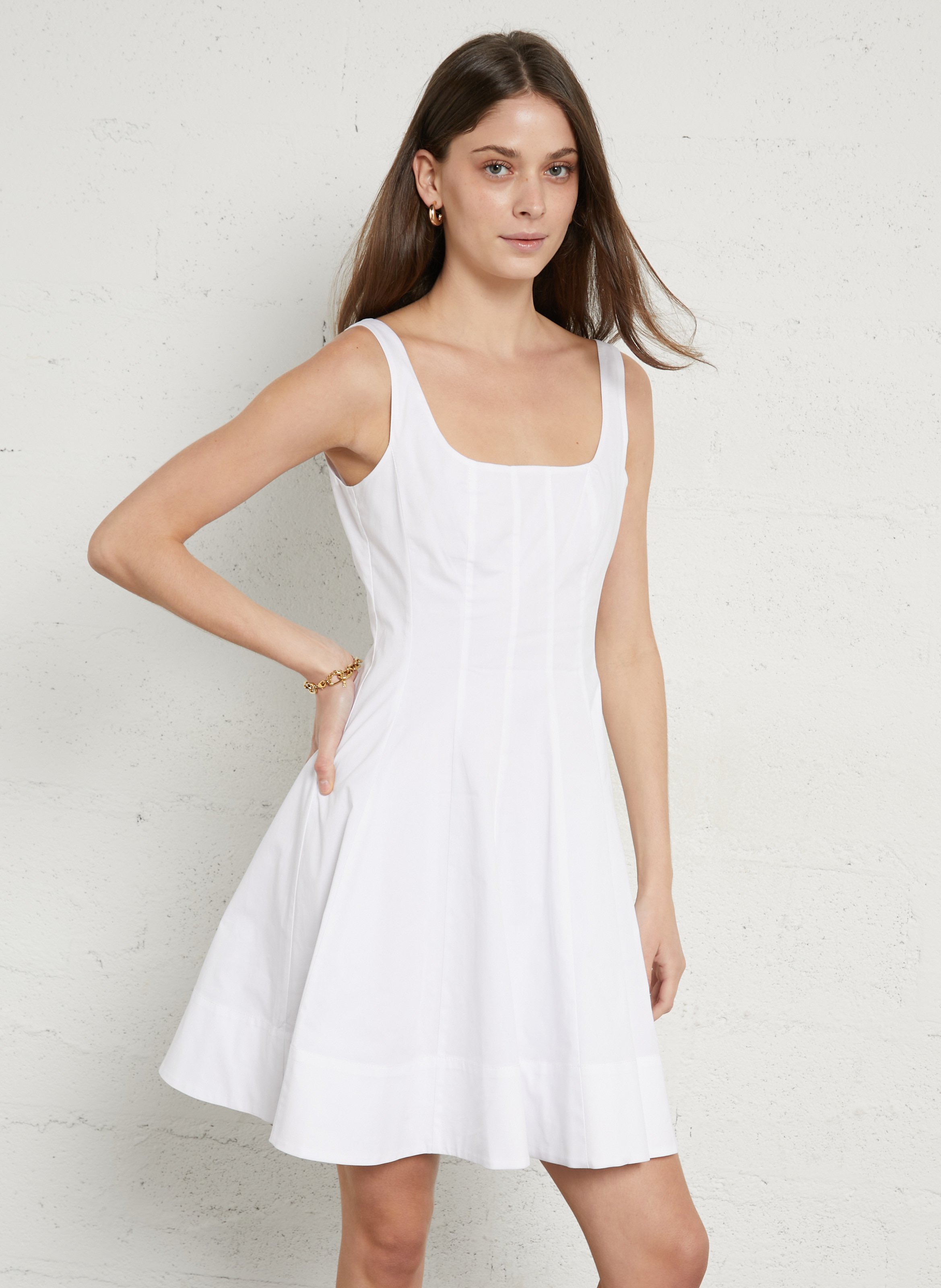 Short flared square-neck cotton stretch dress | White STAUD Women