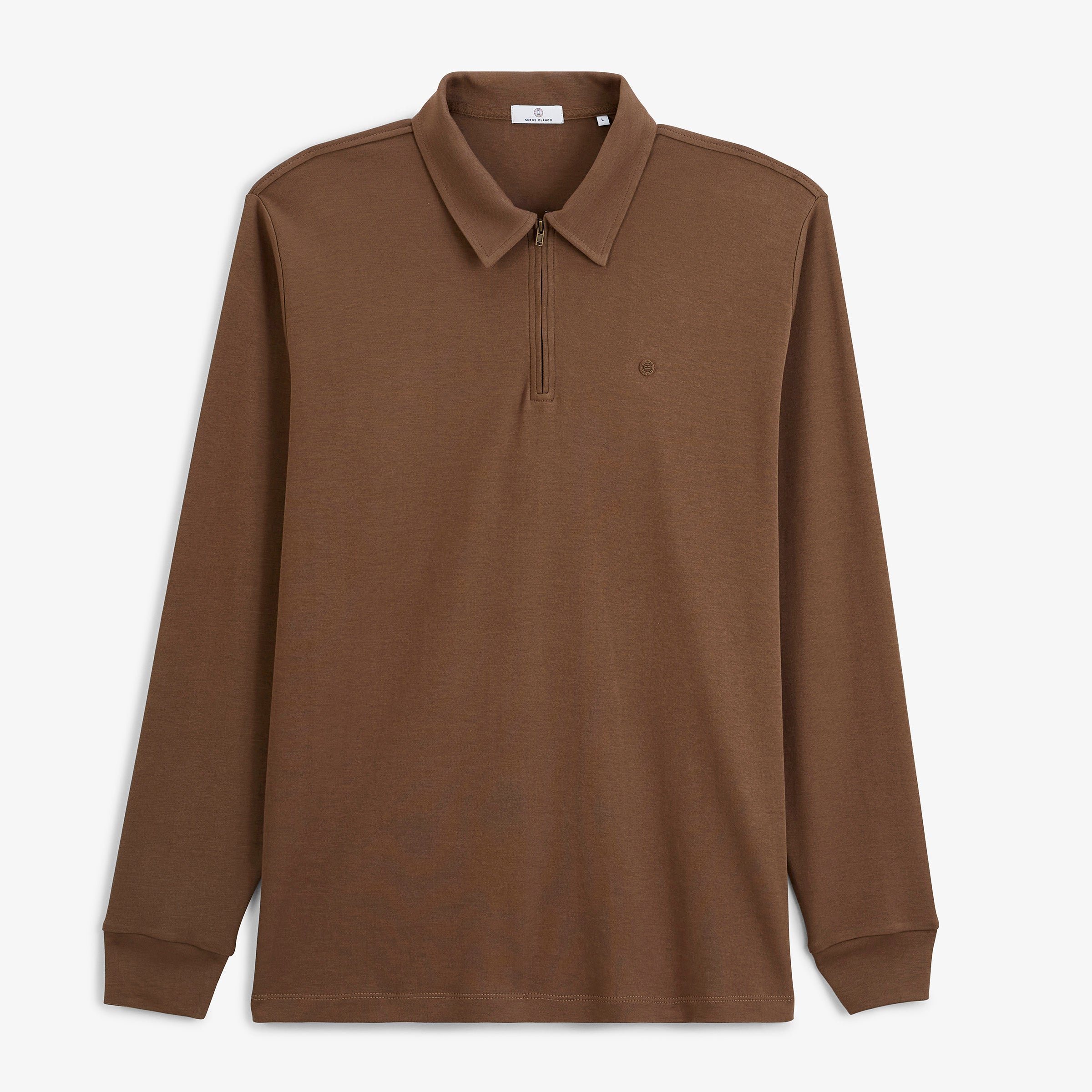 Zip-up long-sleeve interlock cotton polo in brown brownie SERGE BLANCO Brown