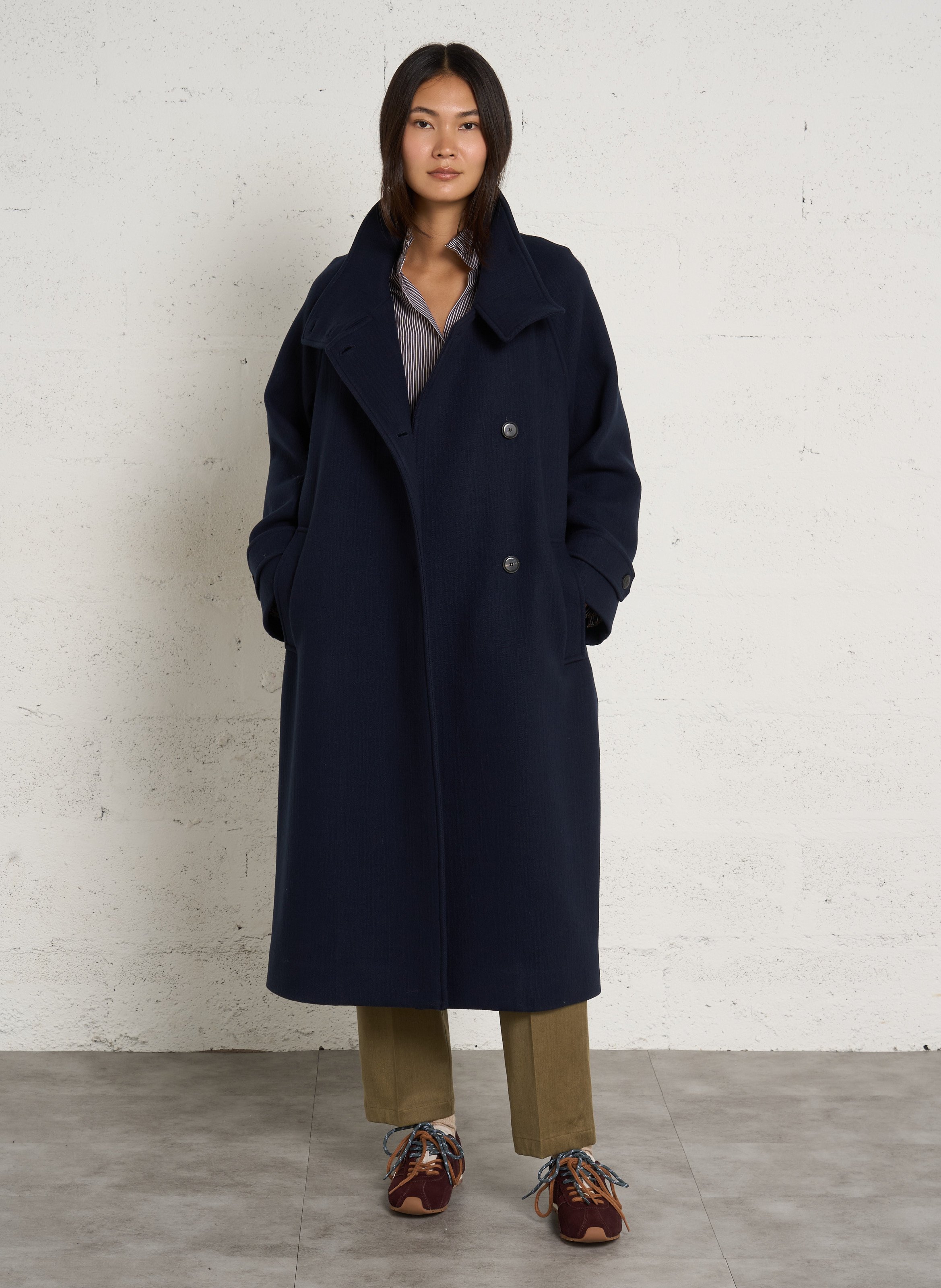 Manteau long oversize en laine mélangée POMANDERE Bleu