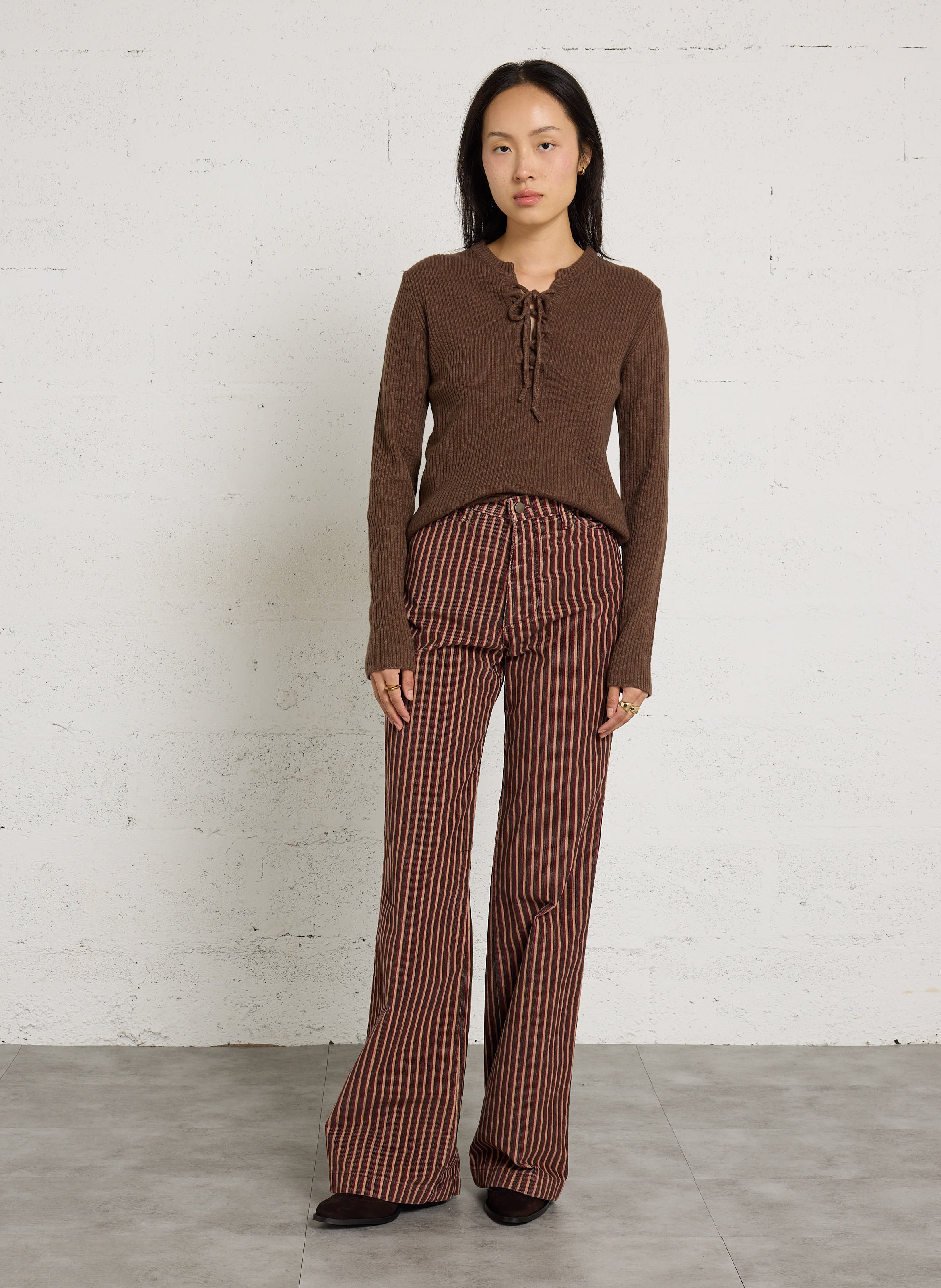 Wijde, gestreepte broek | katoenblend MAISON HOTEL Bruin