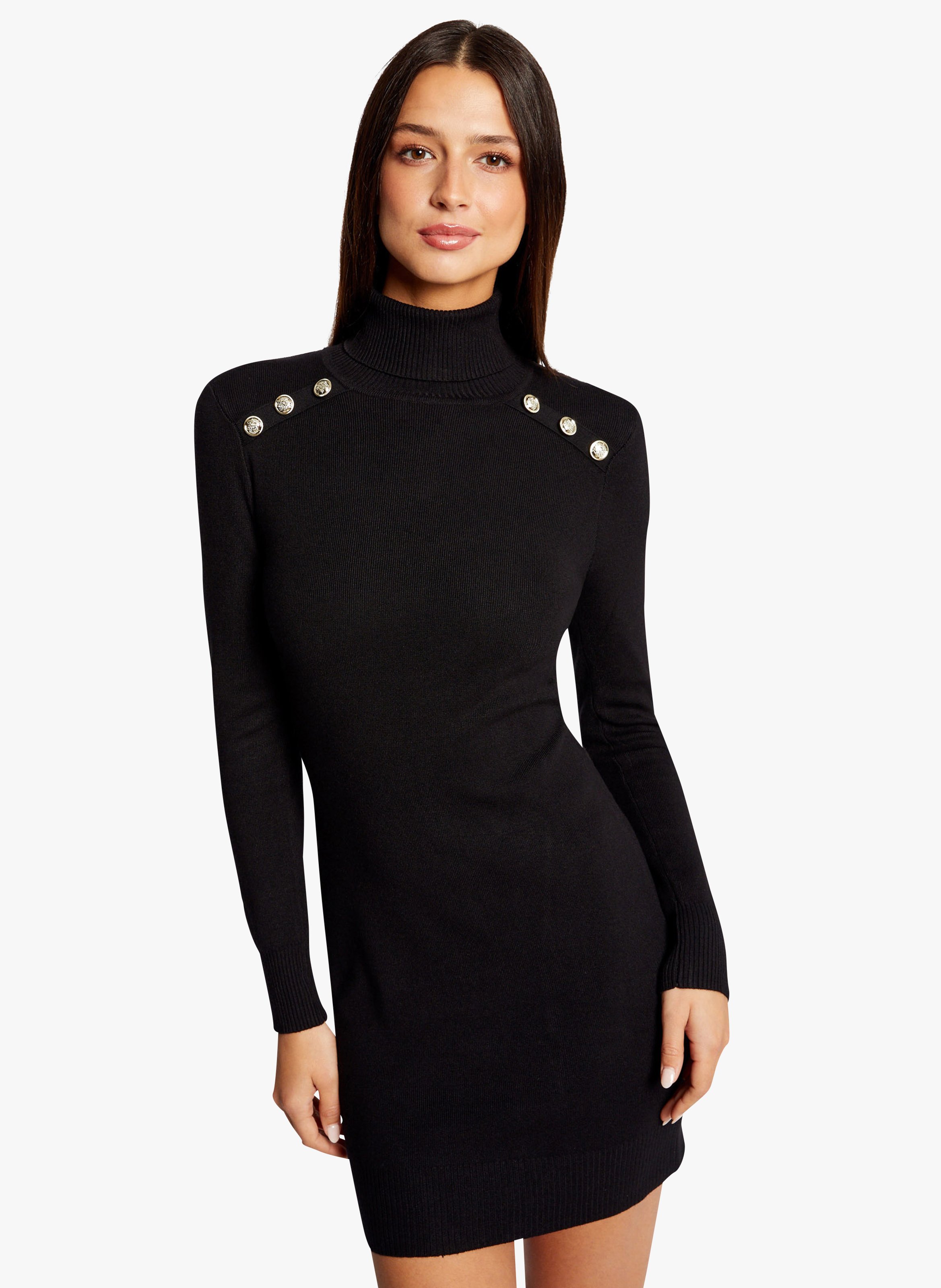 Black Ribbed knit fitted turtleneck sweater dress