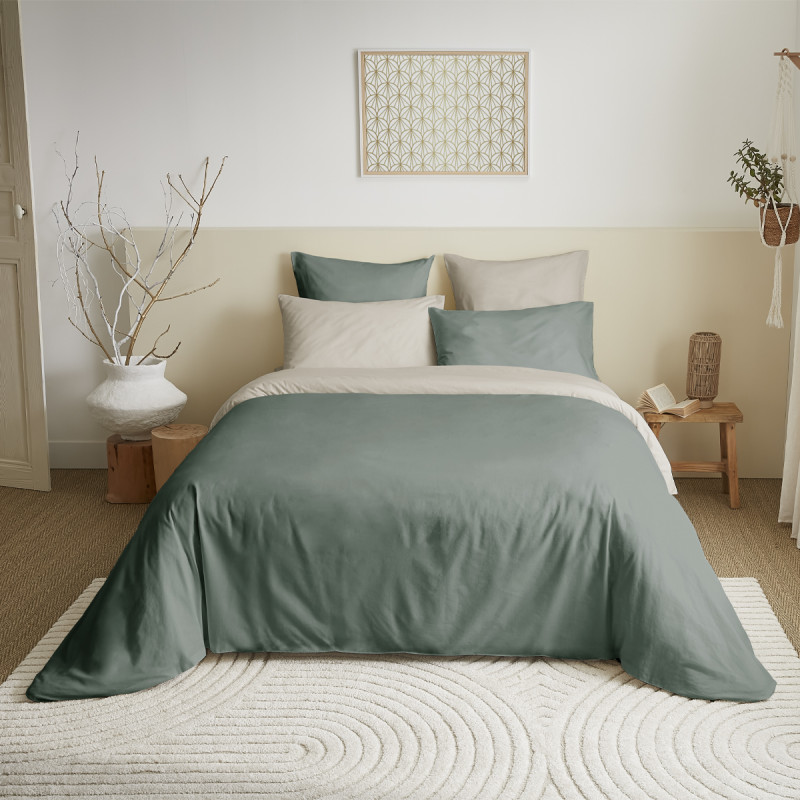 Complete set 6 pieces eucalyptus/lin reversible duvet cover for bed 140 x 190 cm COTON PUR Beige