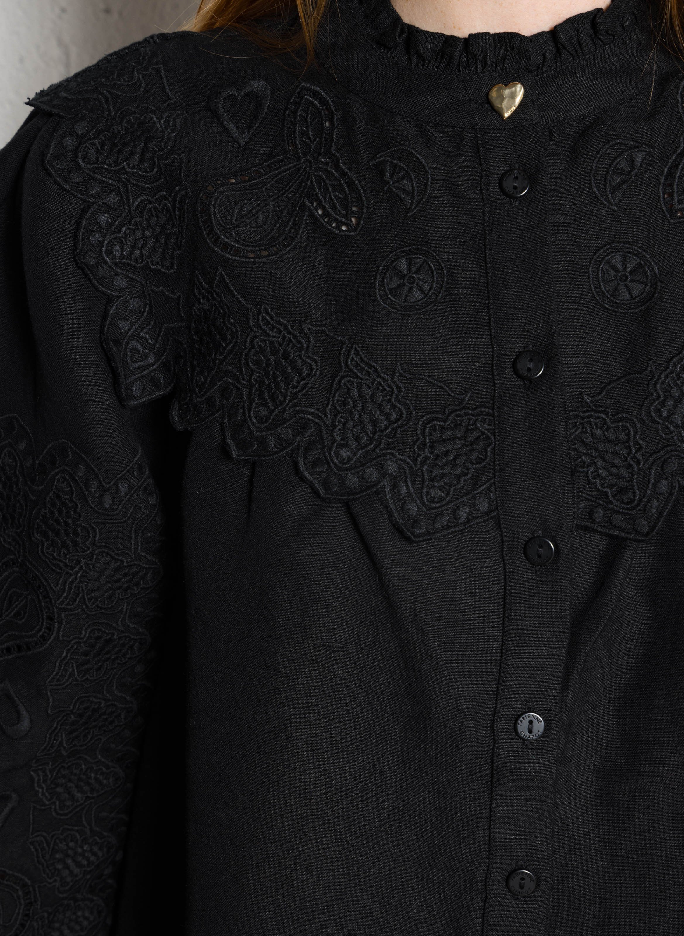 Chemise droite brodée en lin mélangé FABIENNE CHAPOT Noir