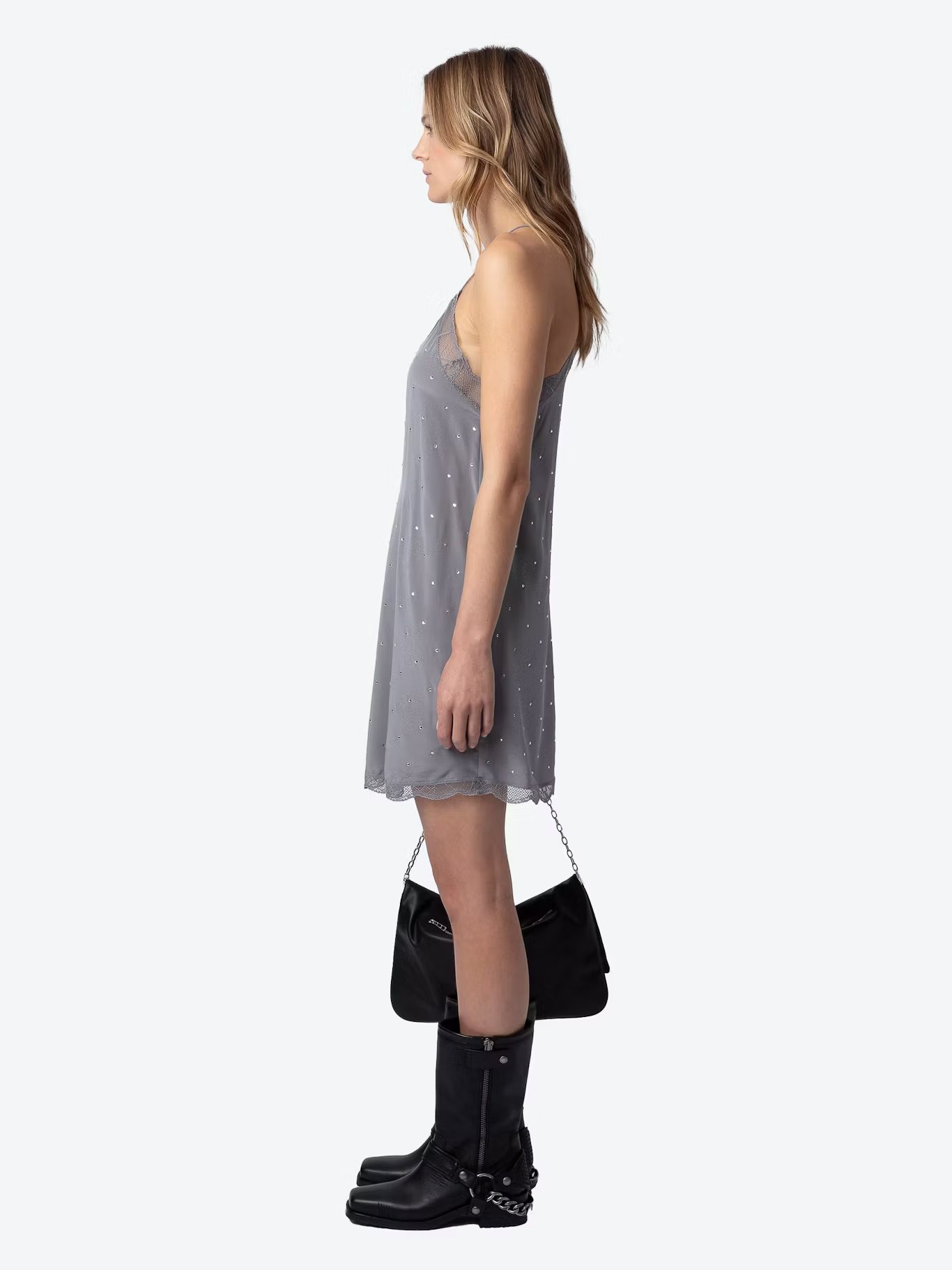 Robe courte caraco à strass en soie  ZADIG&VOLTAIRE Gris