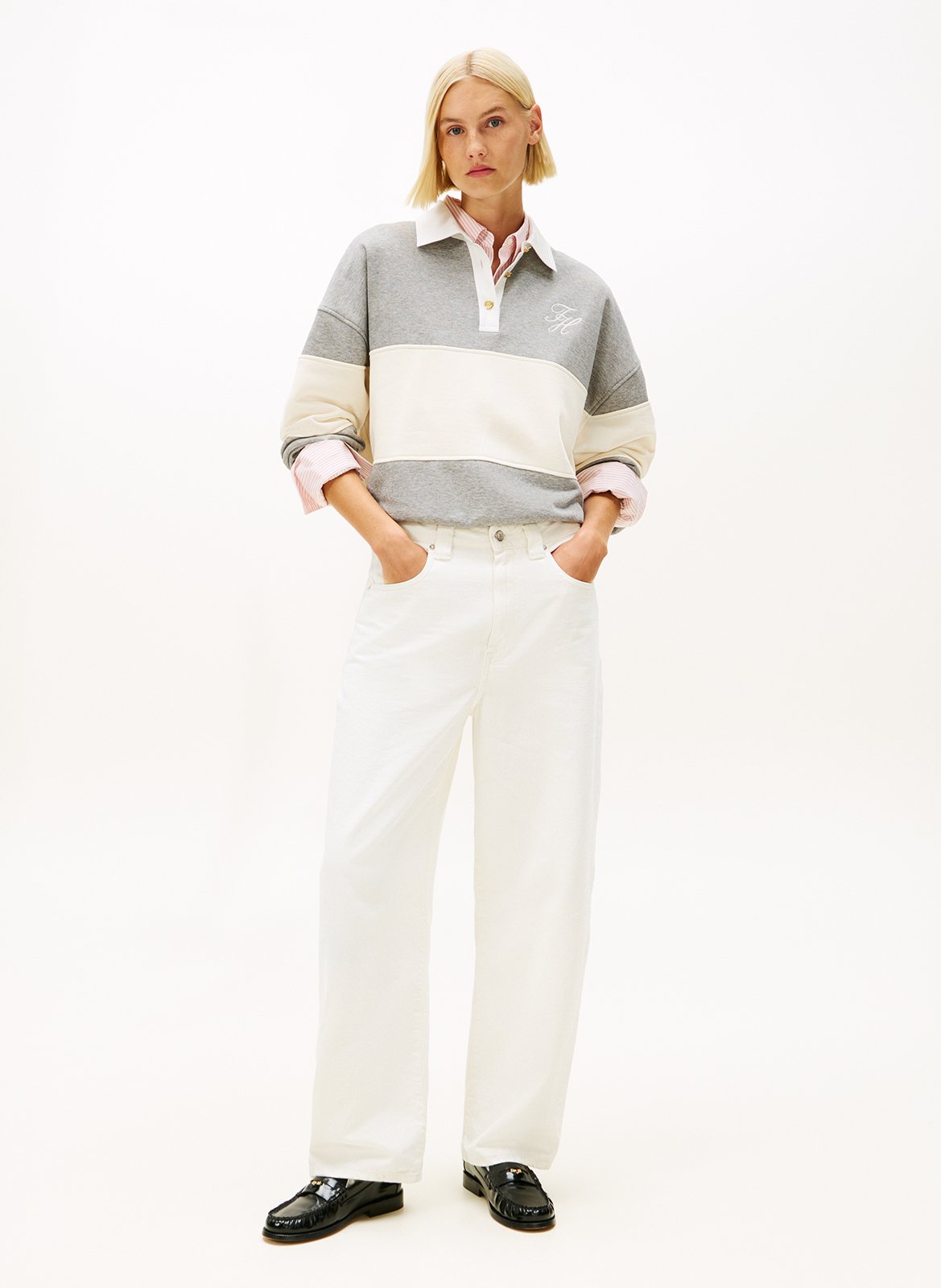 Sweat col polo à rayure en coton mélangé TOMMY HILFIGER Gris