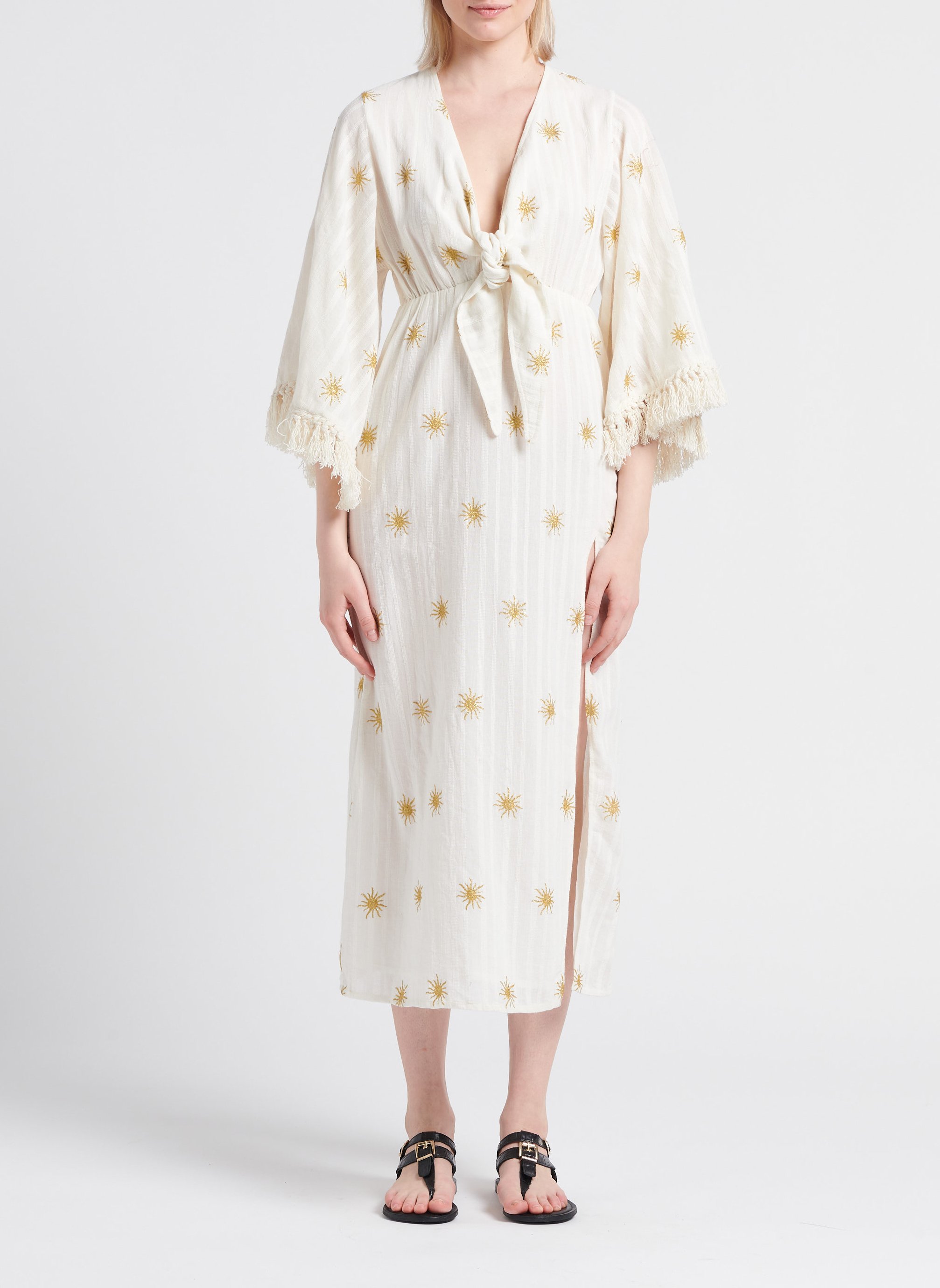 Lange, katoenen jurk met V-hals en motieven SUNDRESS Wit