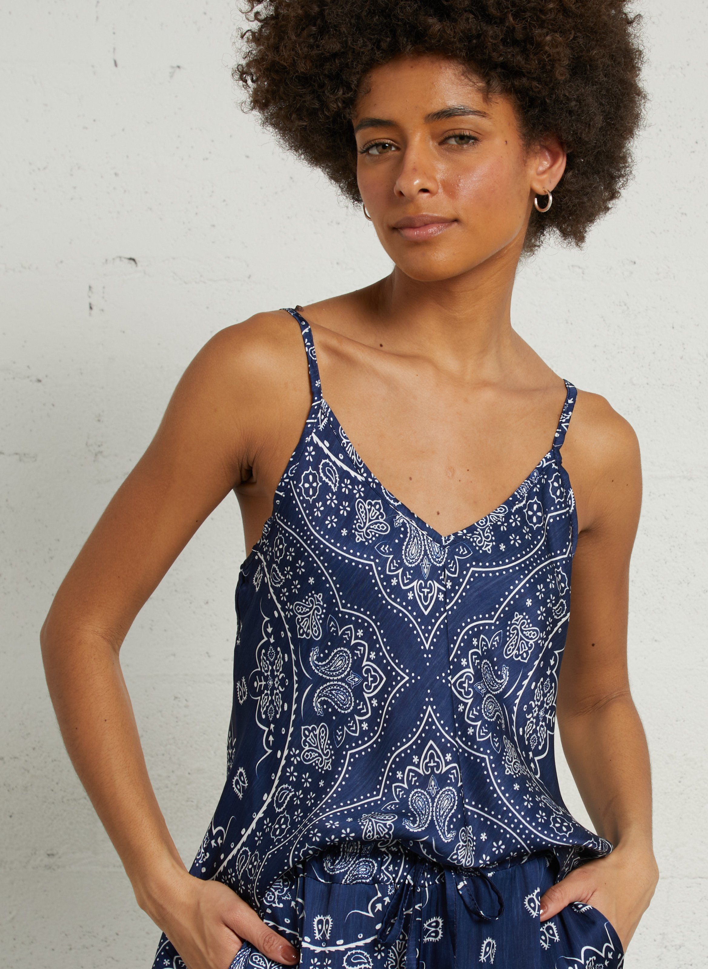 V-neck satin printed cashmere camisole AOKYANOS Blue