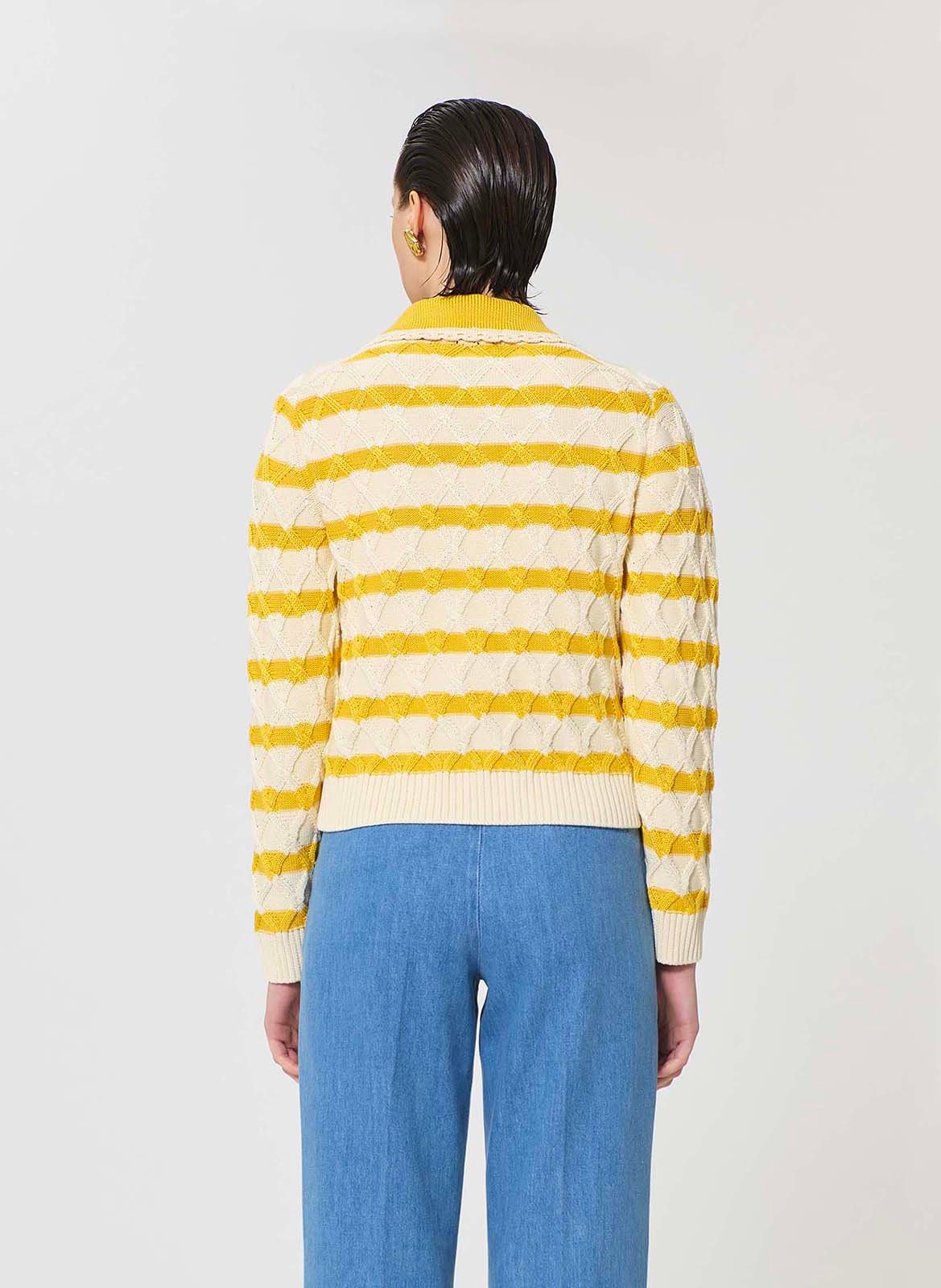 Pull droit col V à rayures en coton TARA JARMON Jaune