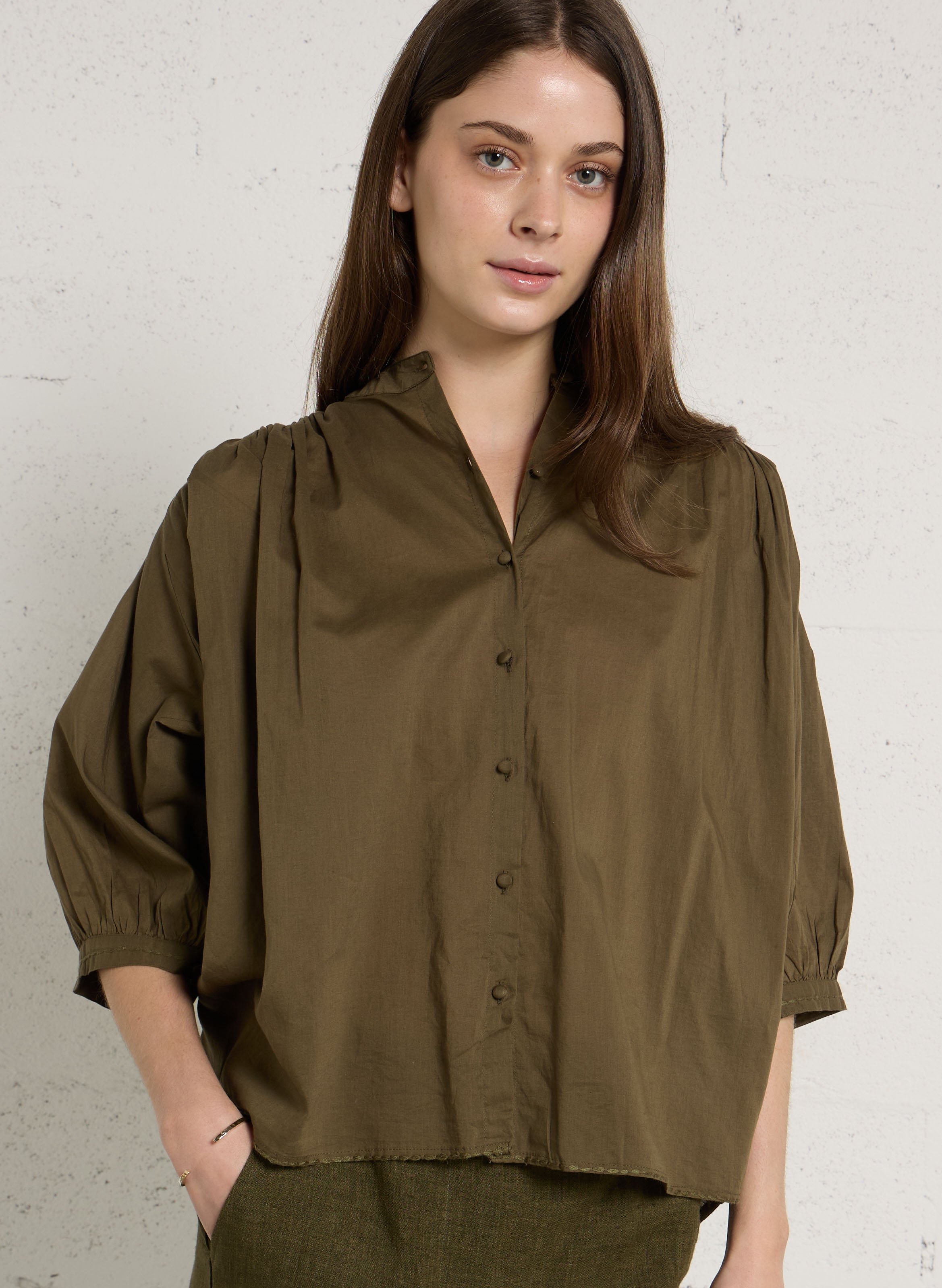 Chemise ample col mao en coton DIEGA Kaki