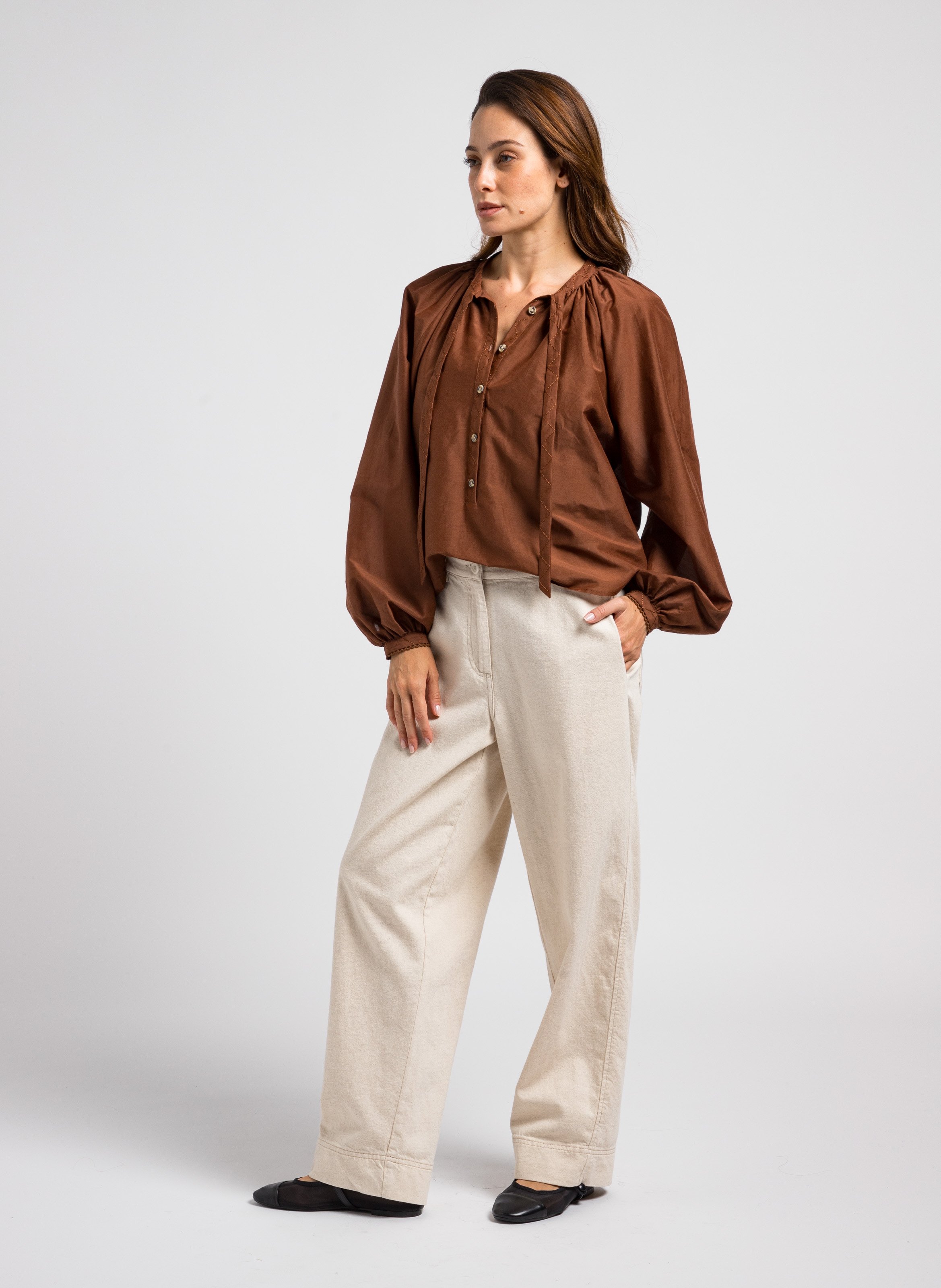 Chemise ample en coton et soie LOVE STORIES Marron