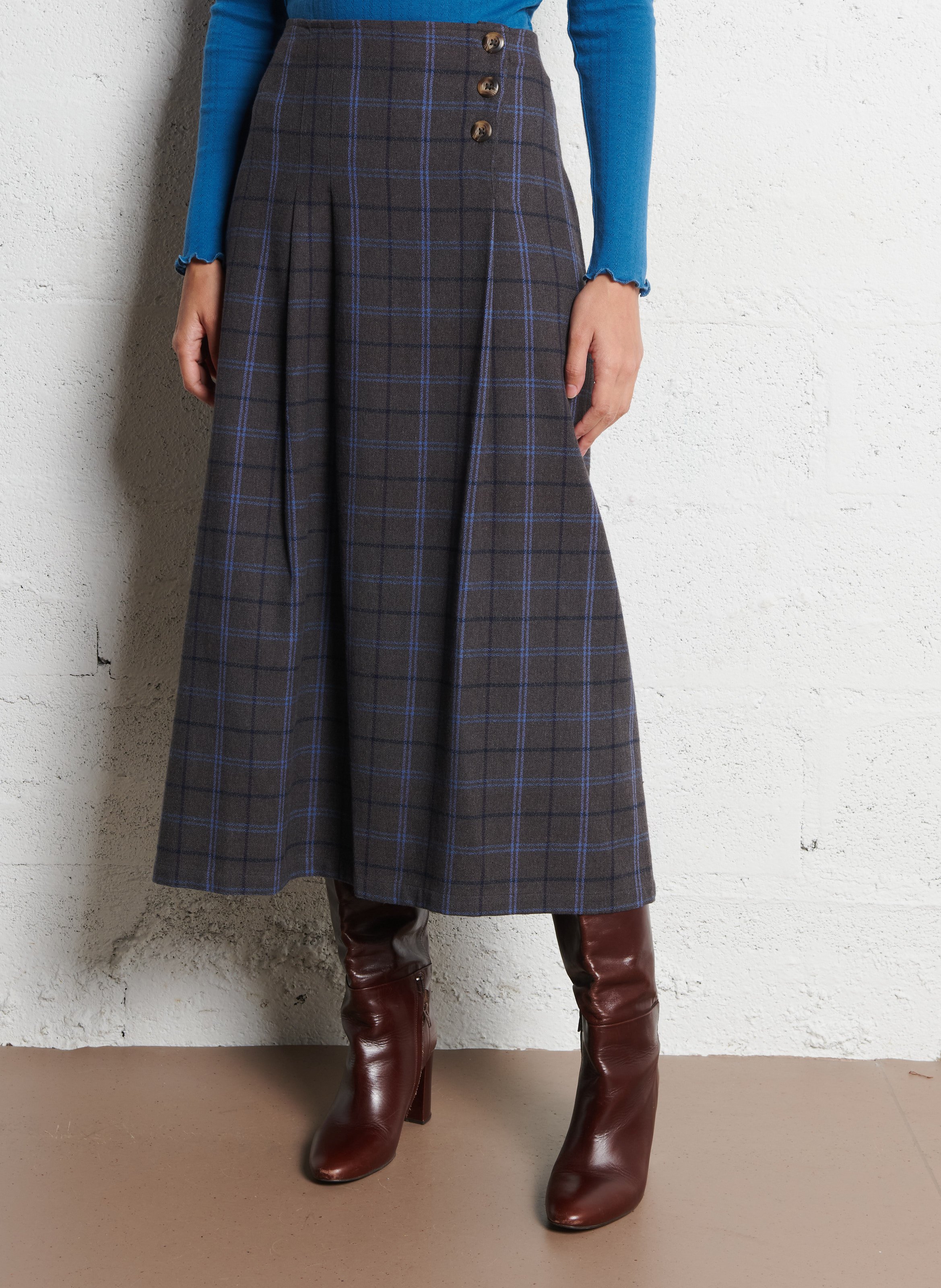 Jupe midi écossaise taille haute NICE THINGS Gris