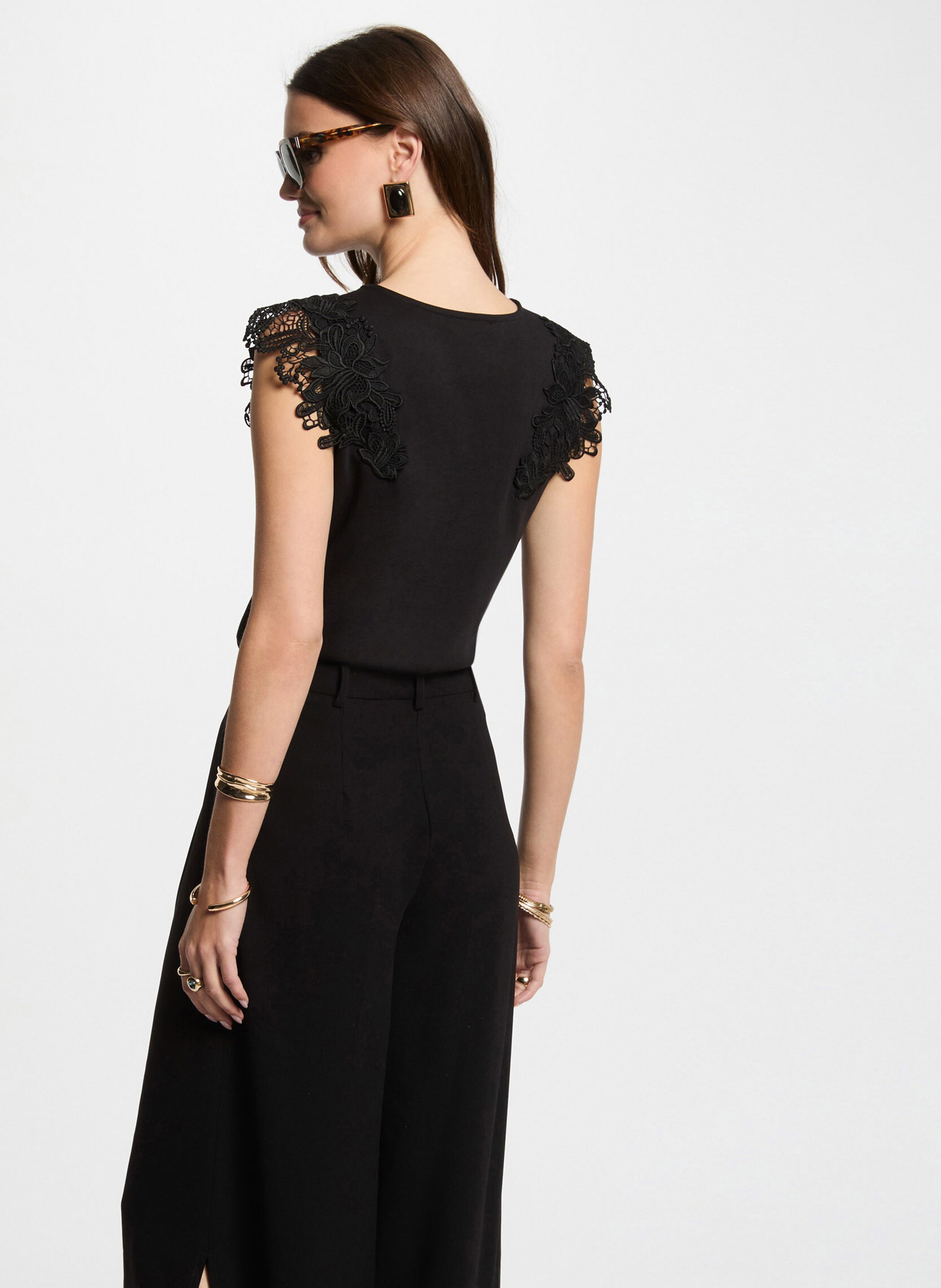 Sleeveless t-shirt with lace detail MORGAN Black