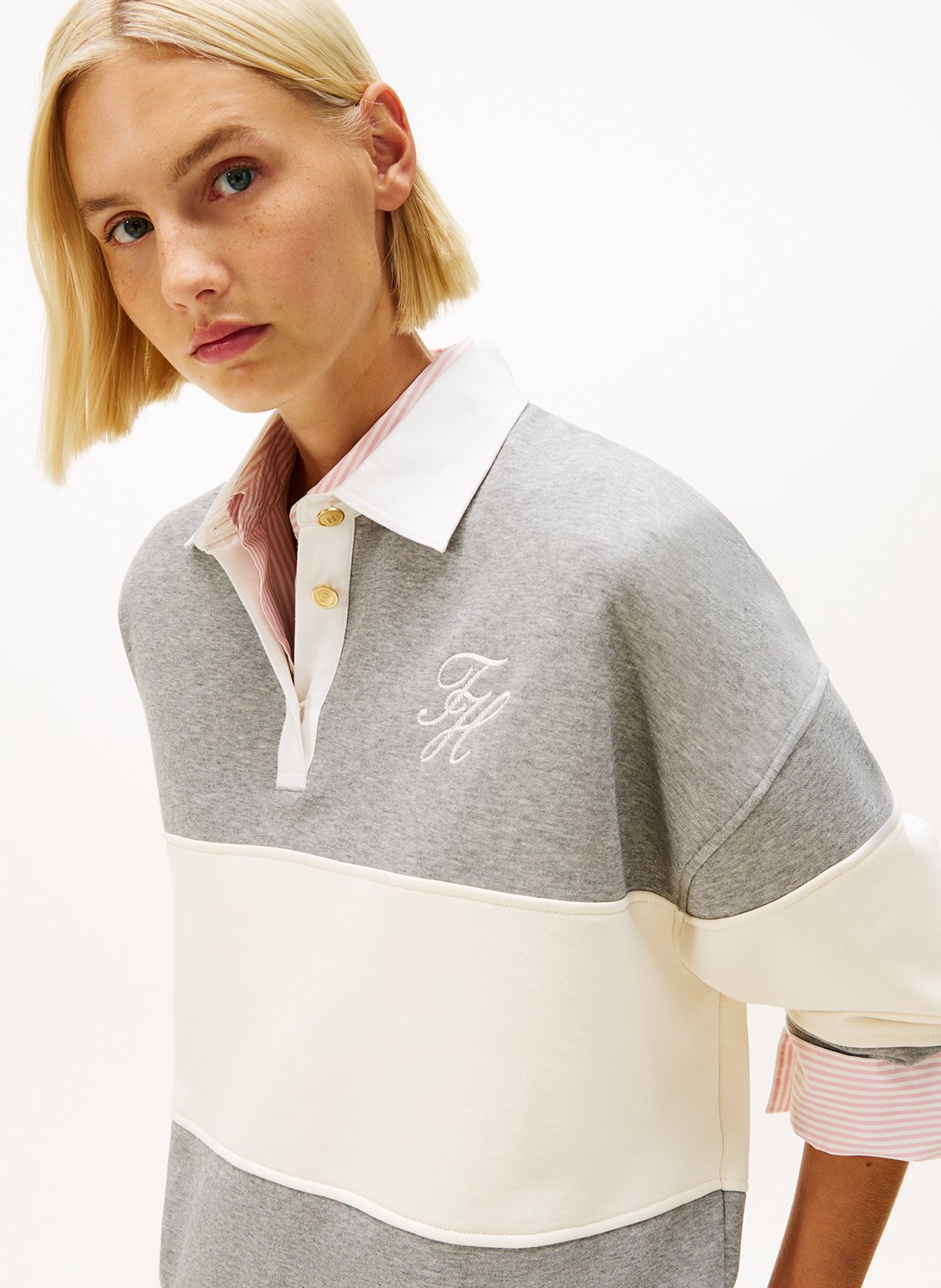 Sweat col polo à rayure en coton mélangé TOMMY HILFIGER Gris