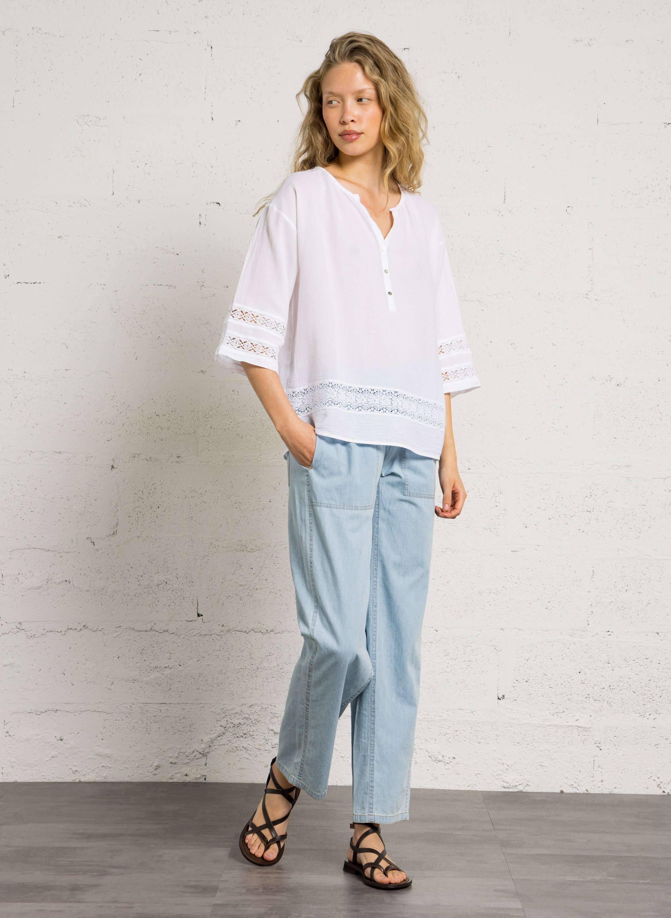 Oversized blouse met V-hals van katoen BELLA JONES Wit
