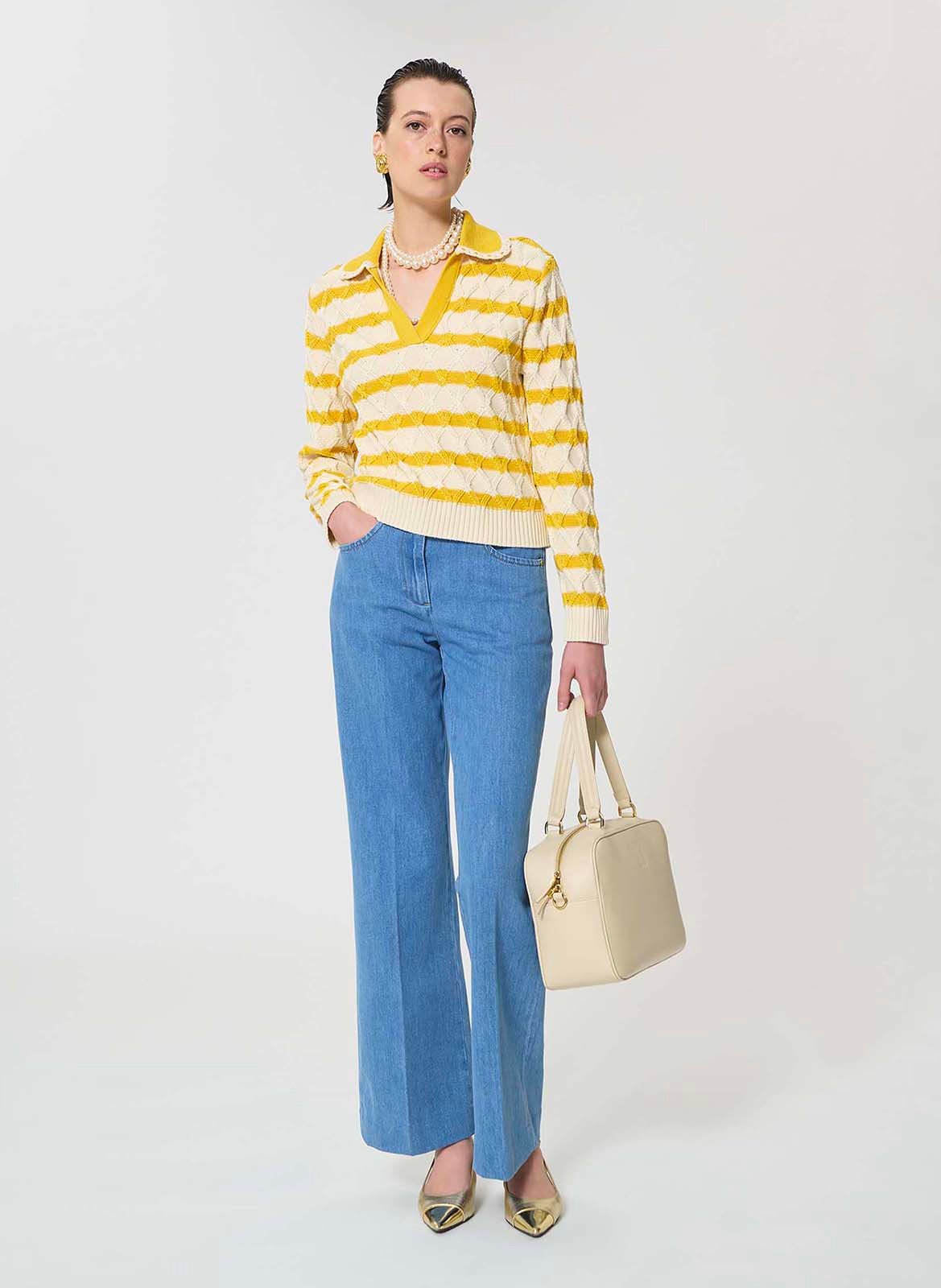 Pull droit col V à rayures en coton TARA JARMON Jaune