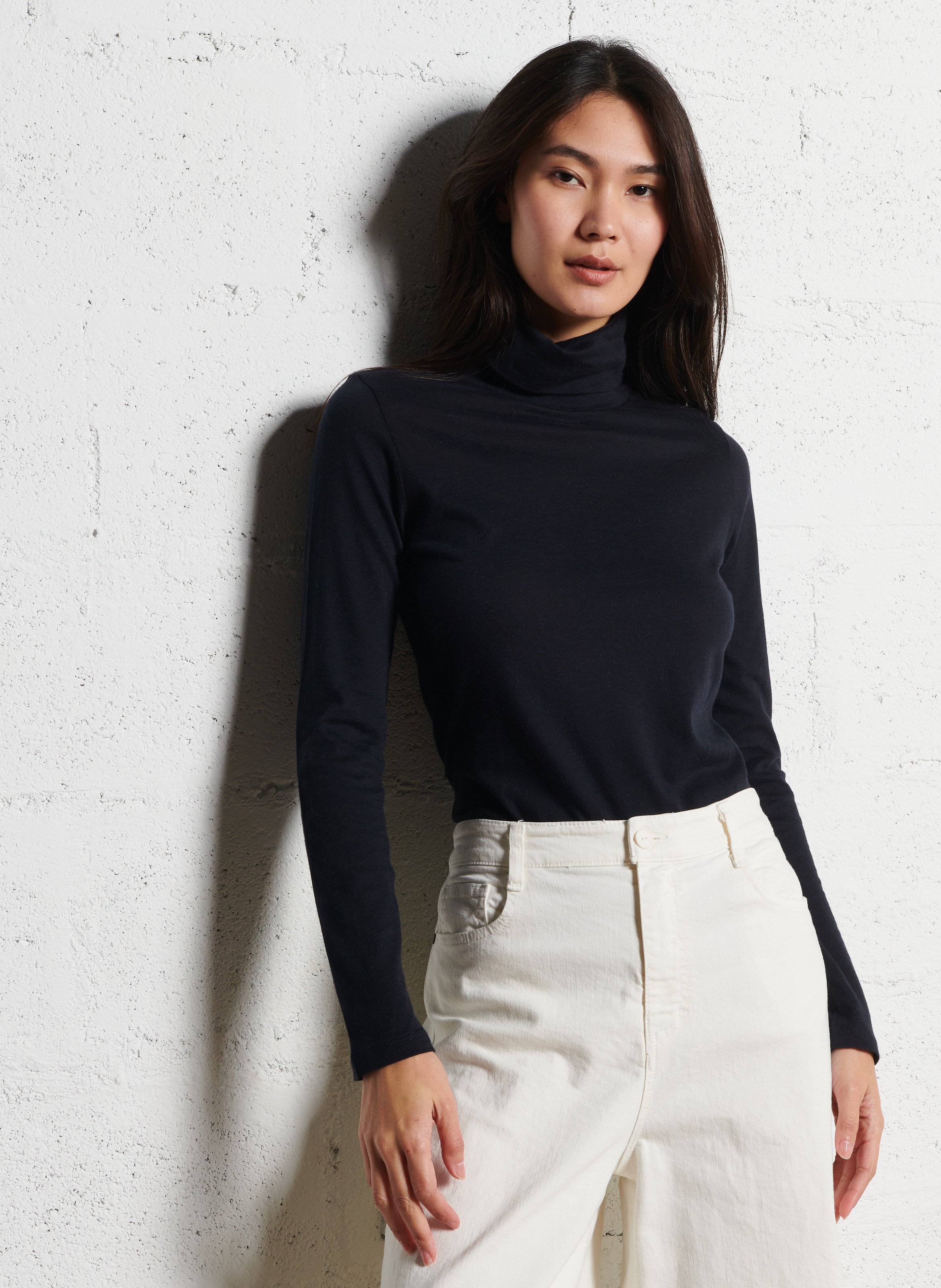 Tee-shirt col roulé en coton et cachemire MAJESTIC FILATURES Bleu