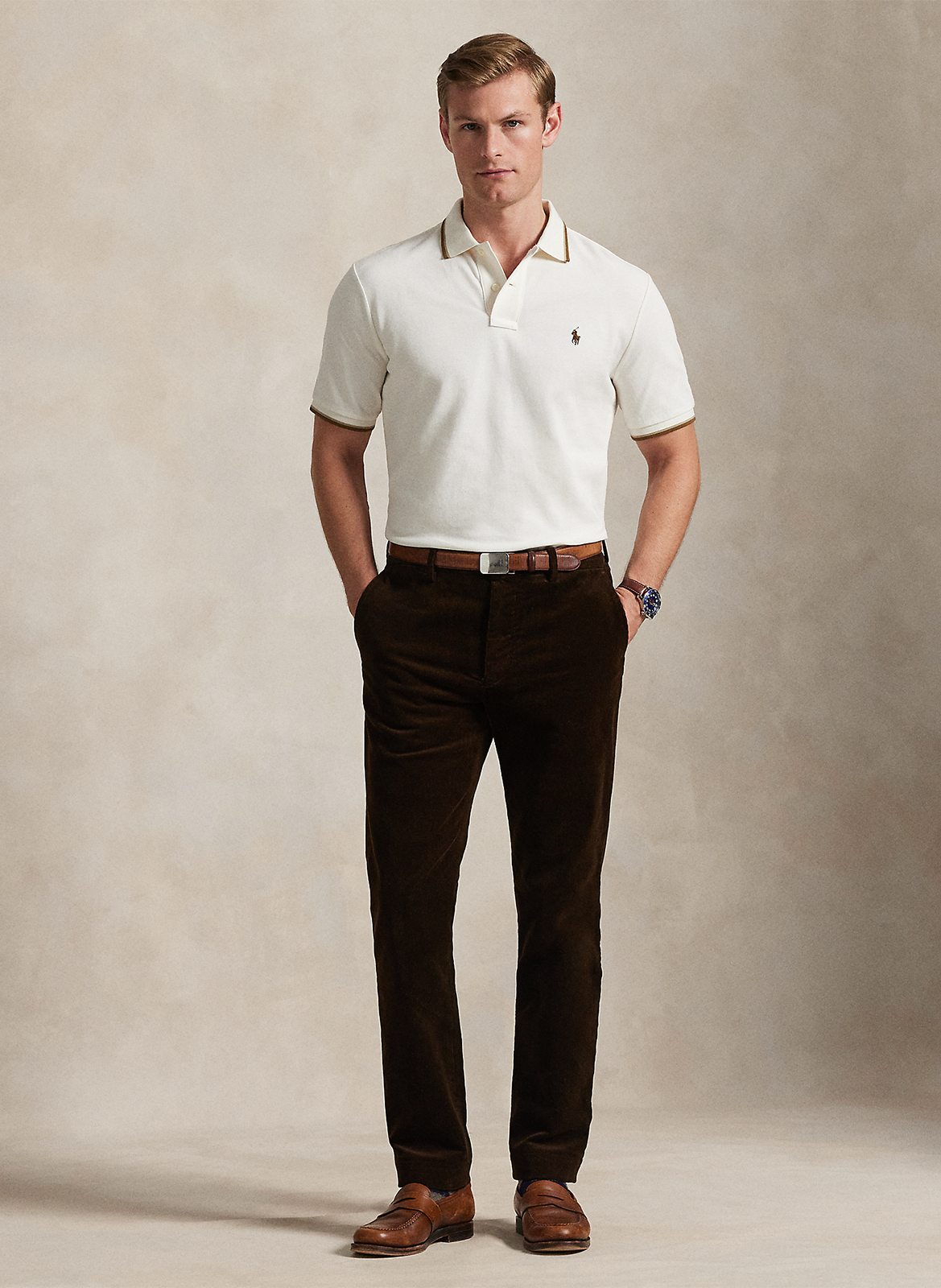 Block color slim-fit cotton piqué polo shirt POLO RALPH LAUREN Beige