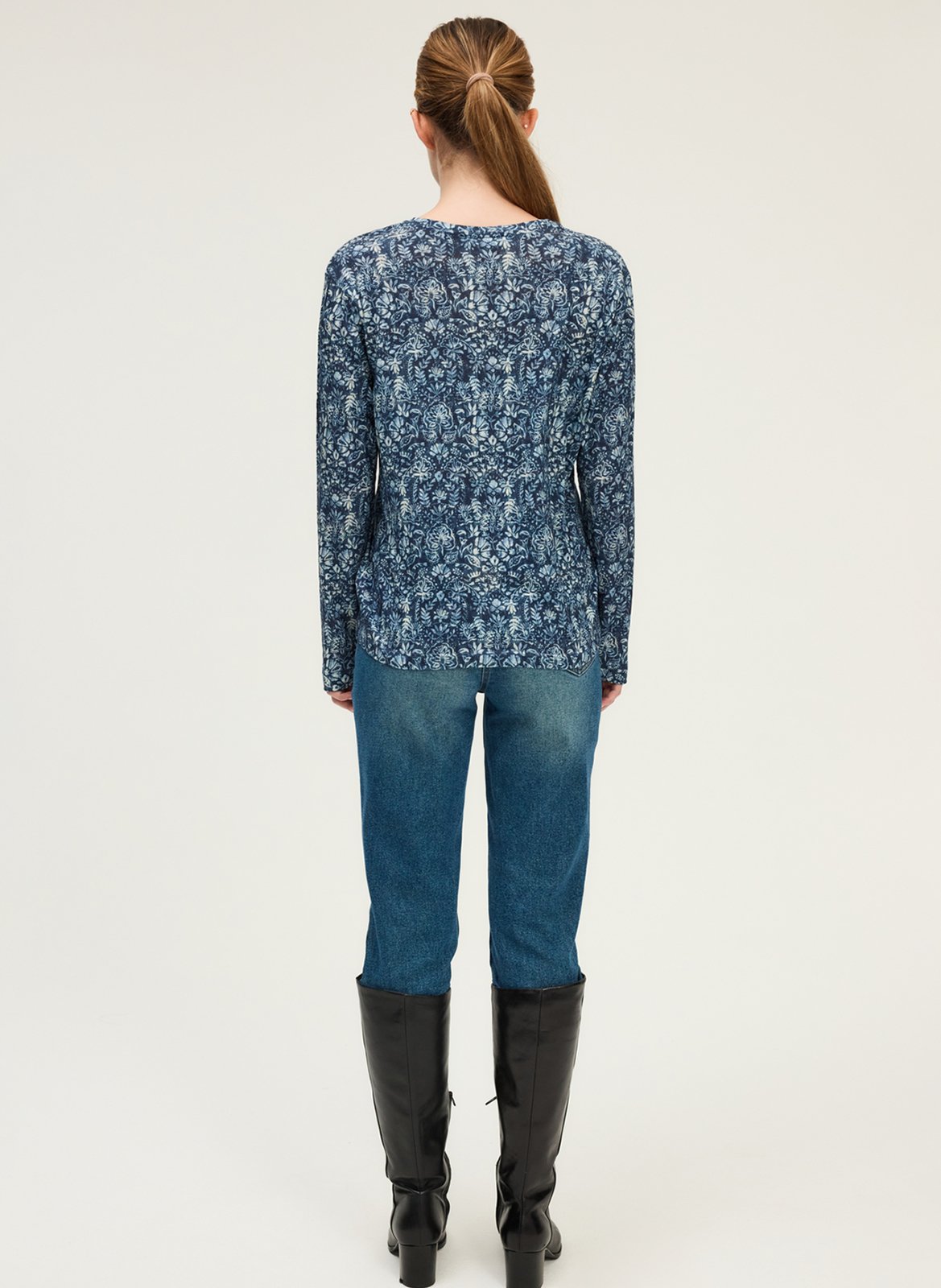 Top col v imprimé en coton mélangé PABLO Bleu