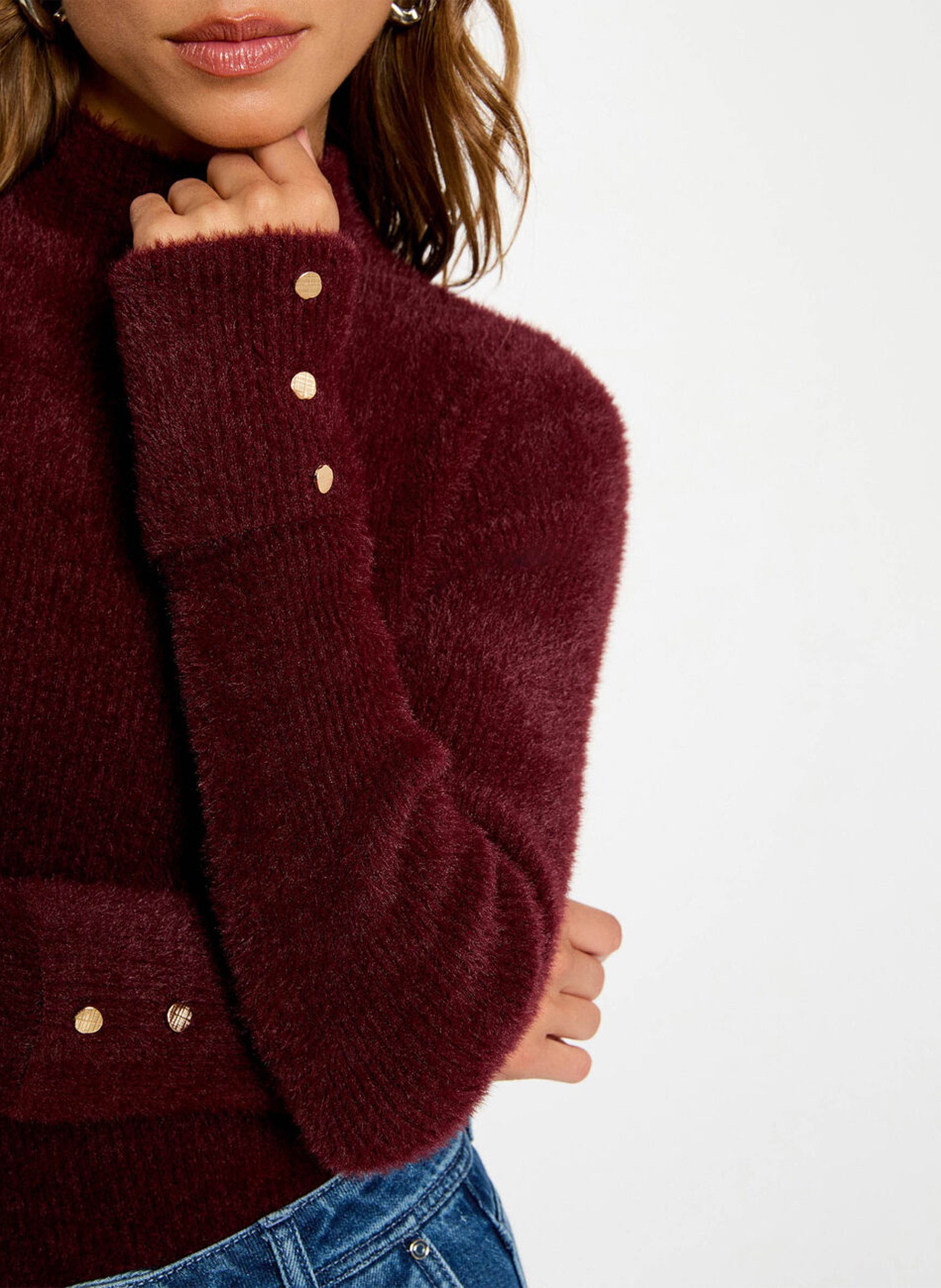 High-neck fluffy knit sweater MORGAN Purple